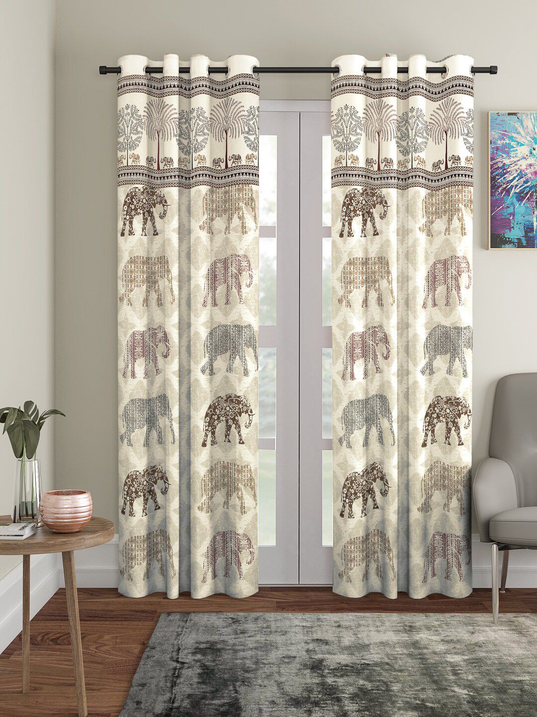 Rajasthan Decor Beige & Brown Set of 2 Curtains Price in India