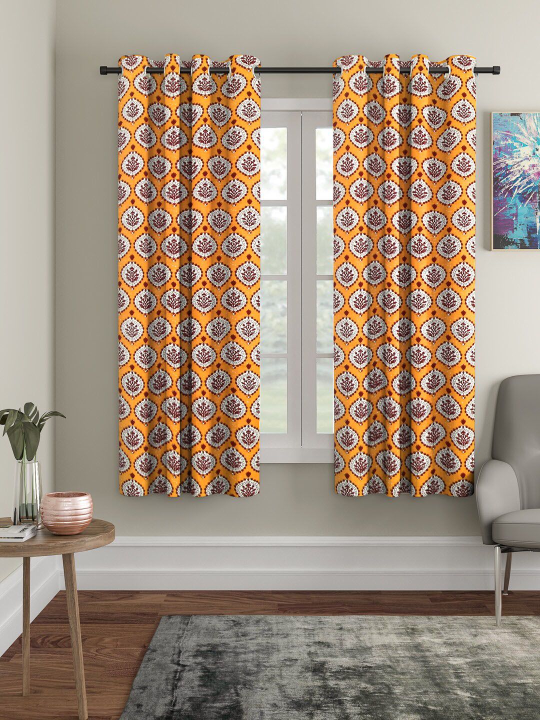 Rajasthan Decor Unisex Orange Floral Set of 2 Curtains Price in India