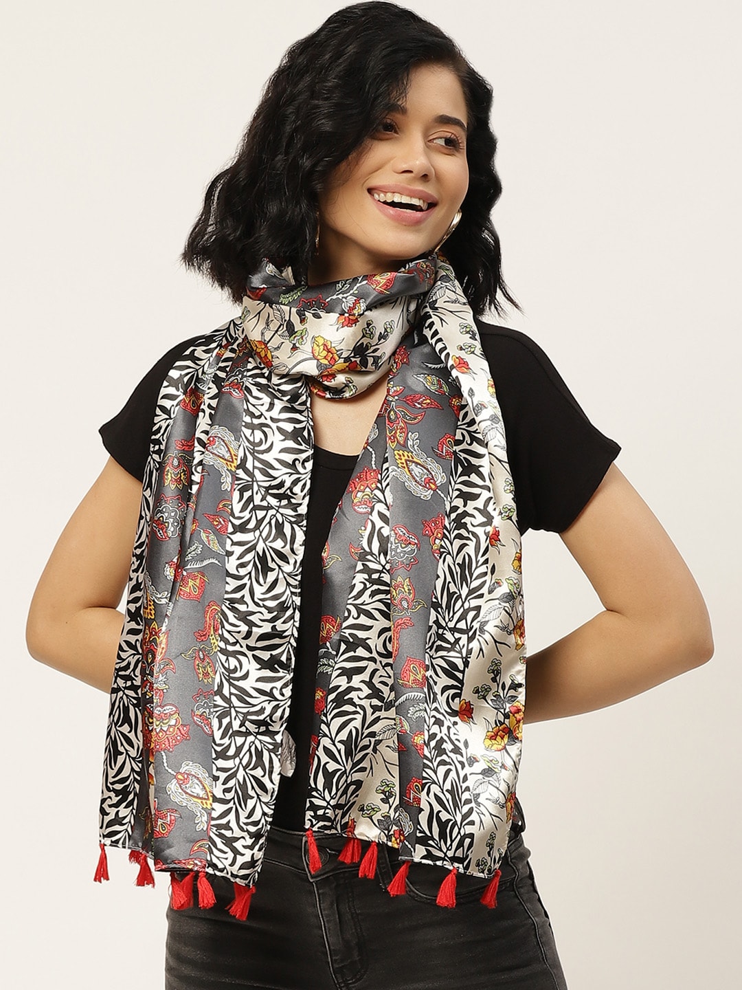 DressBerry Women Off White & Grey Satin Finish Printed Scarf Price in India