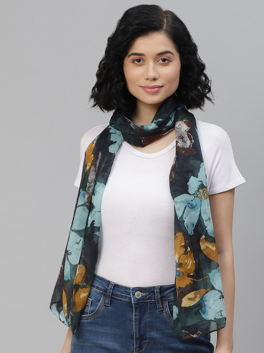 Mast & Harbour Women Charcoal Grey & Blue Printed Scarf Price in India
