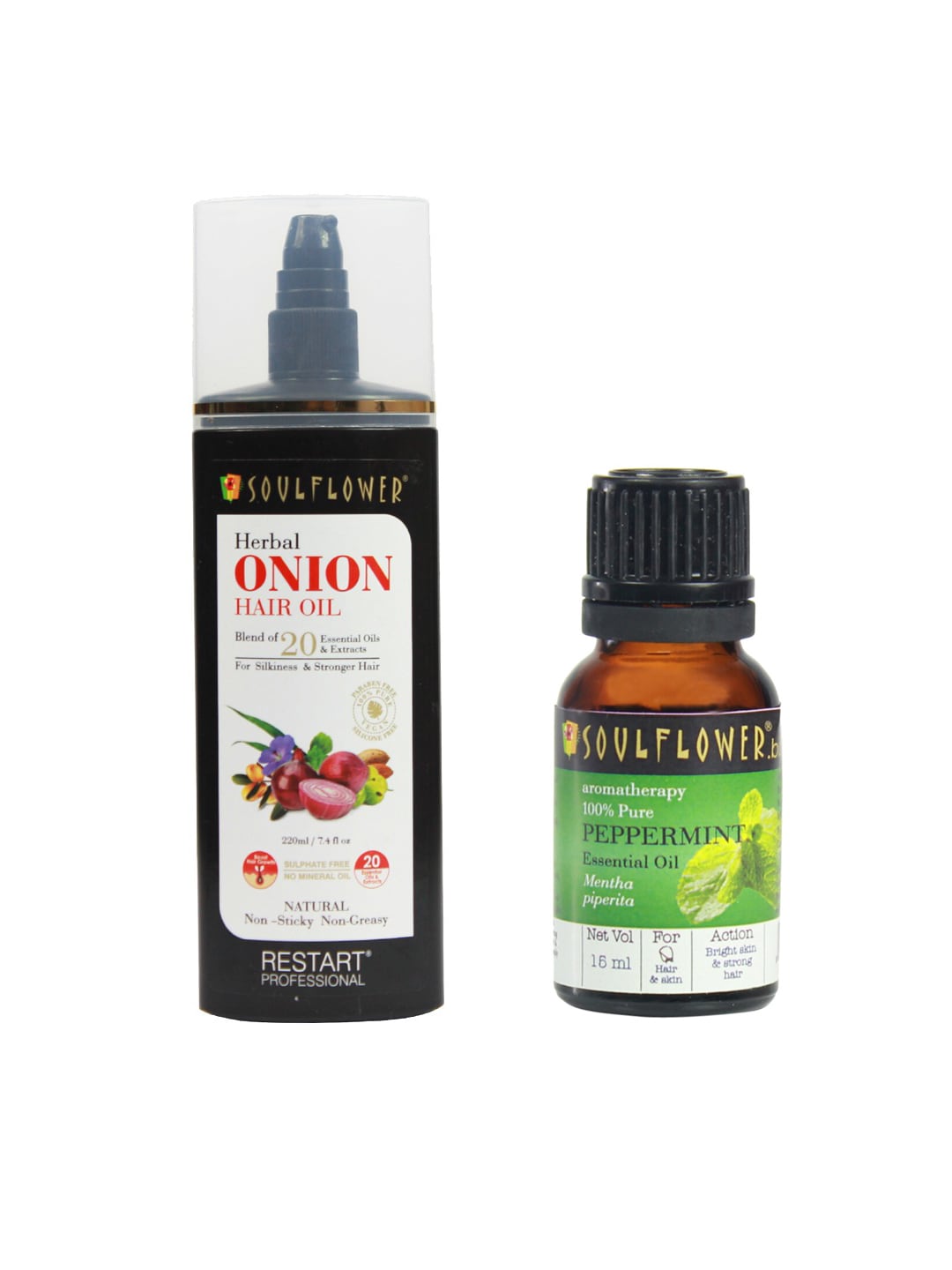 Soulflower Unisex Set of 2 Sustainable Onion Hair Growth Oil 220ml & Peppermint Essential Oil 15ml Price in India