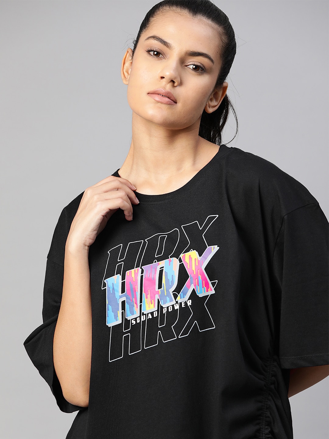 HRX By Hrithik Roshan Women Jet Black  Raspberry Printed Bio-Wash Lifestyle Tshirt Price in India