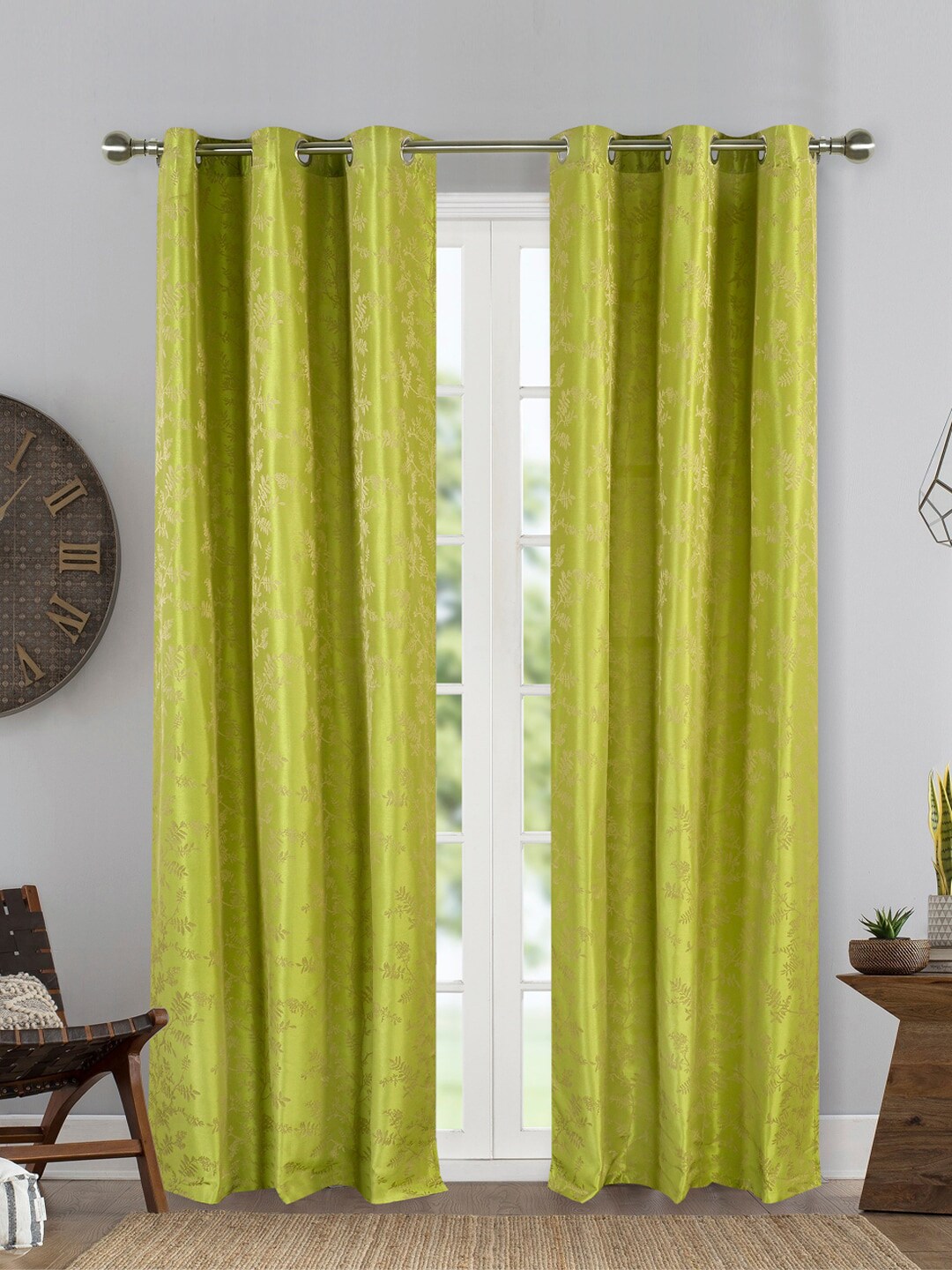 Deco Window Lime Green & Beige Set of Jacquard Eyelet 2 Curtains Price in India