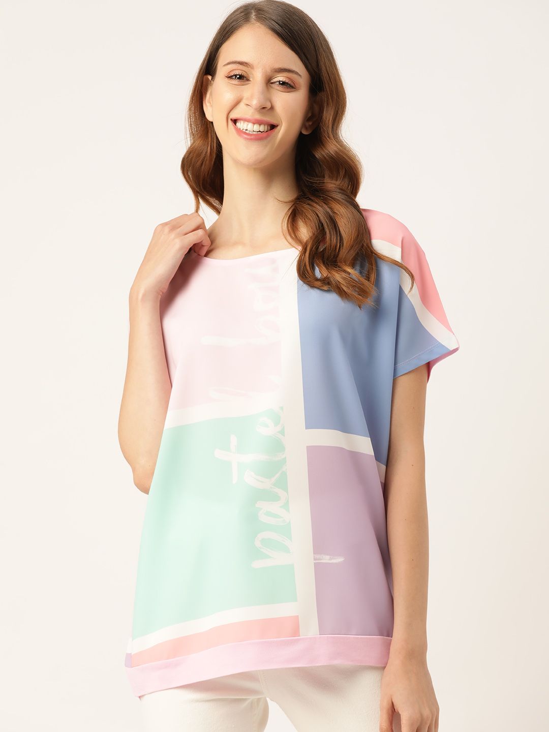 United Colors of Benetton Women Pink & Blue Colourblocked Extended Sleeves T-shirt