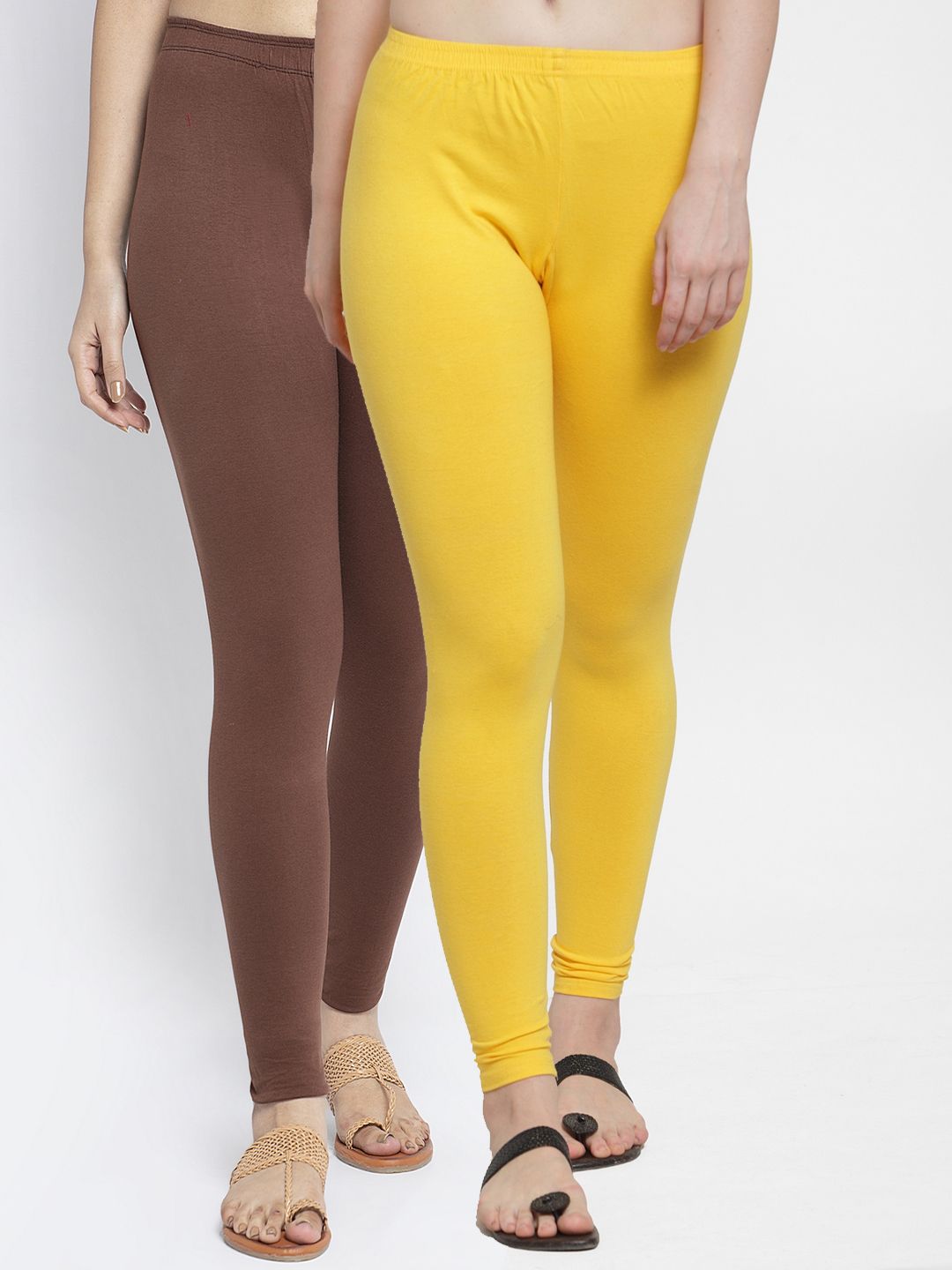 GRACIT Women Pack of 2 Yellow & Coffee Brown Solid Ankle-Length Leggings Price in India