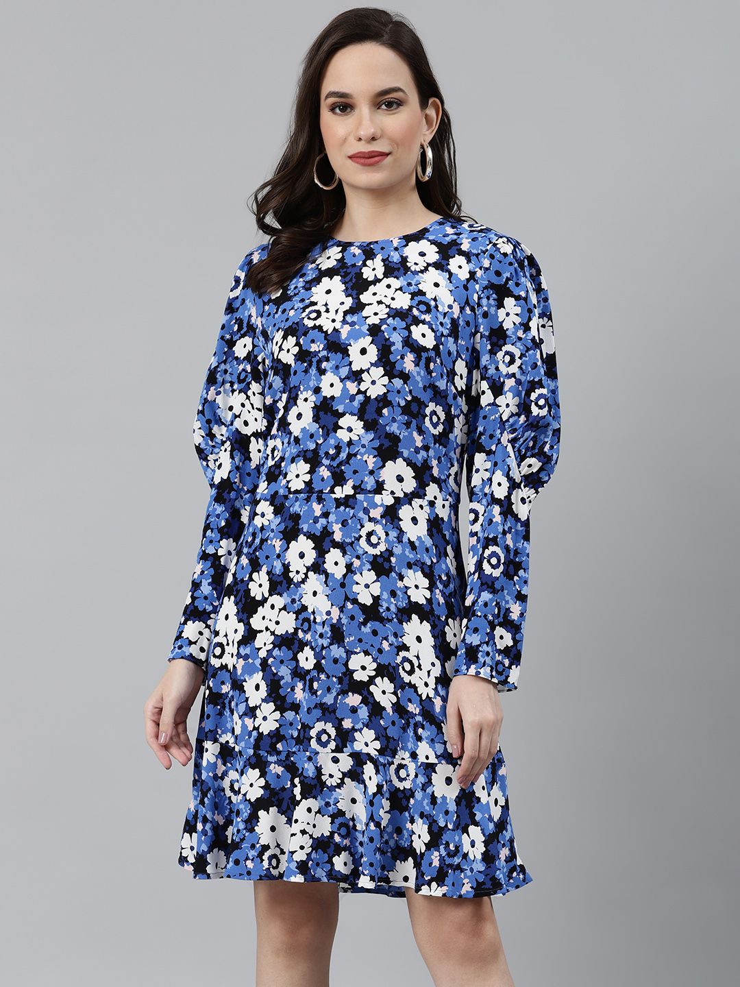 Marks & Spencer Women Blue & White Floral Printed A-Line Dress Price in India