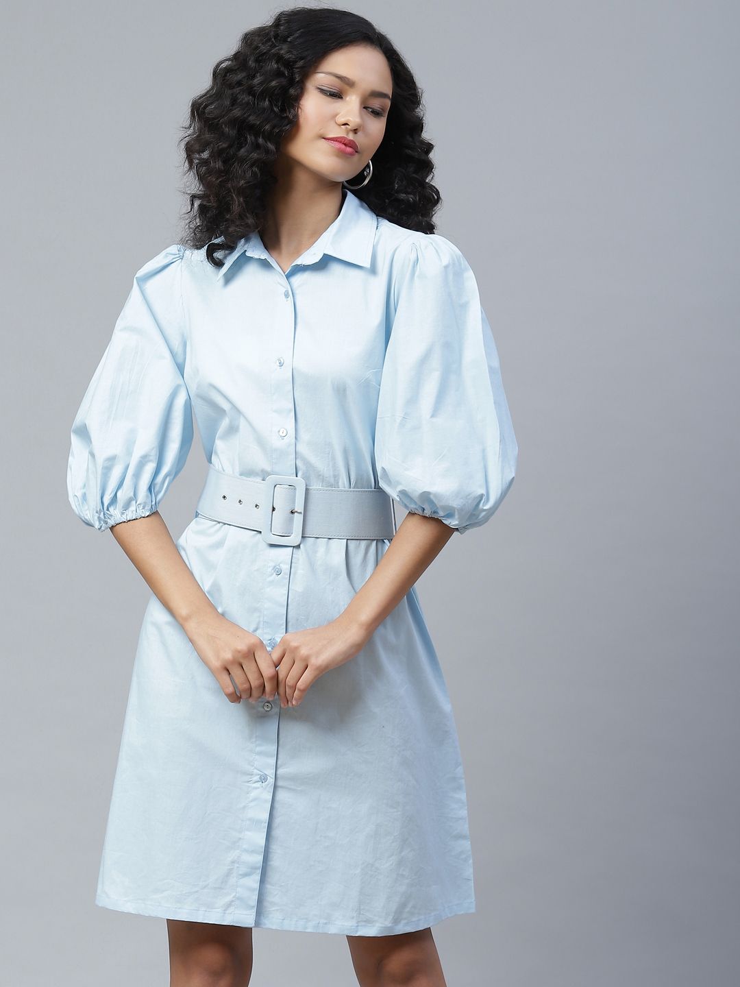 plusS Soothing Blue Solid Retro Shirt Dress Price in India