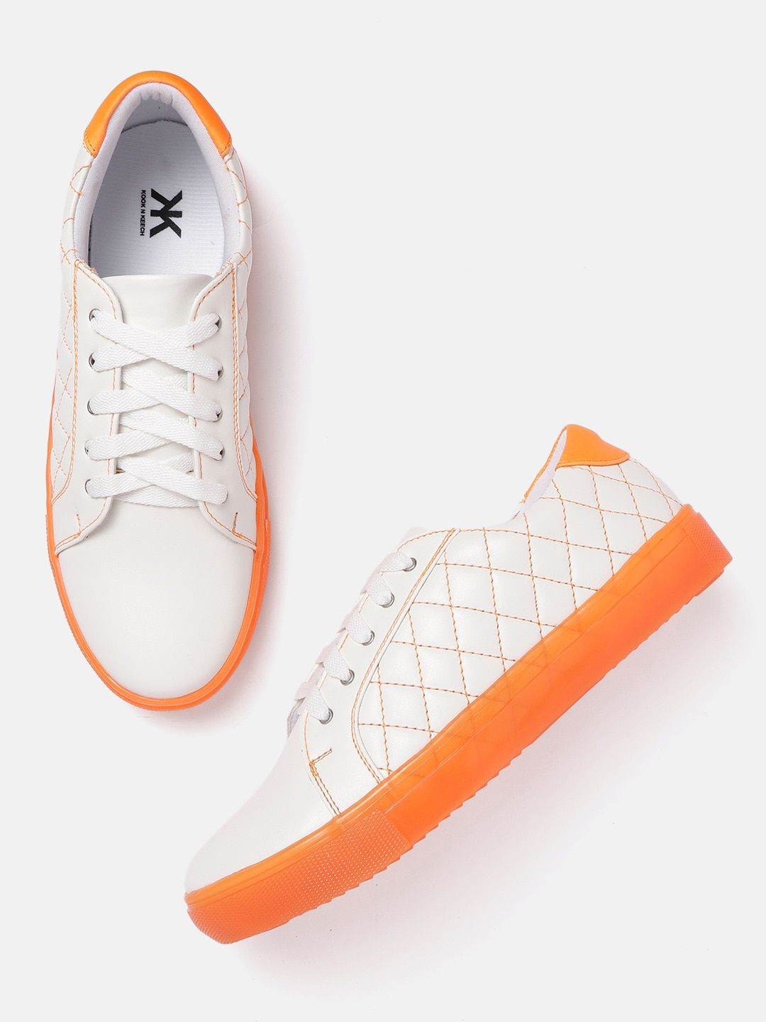 Kook N Keech Women White & Orange Quilted Sneakers Price in India