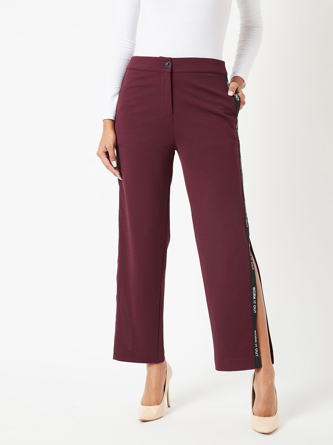 Miss Chase Women Maroon Regular Fit Solid Slitted Trousers Price in India