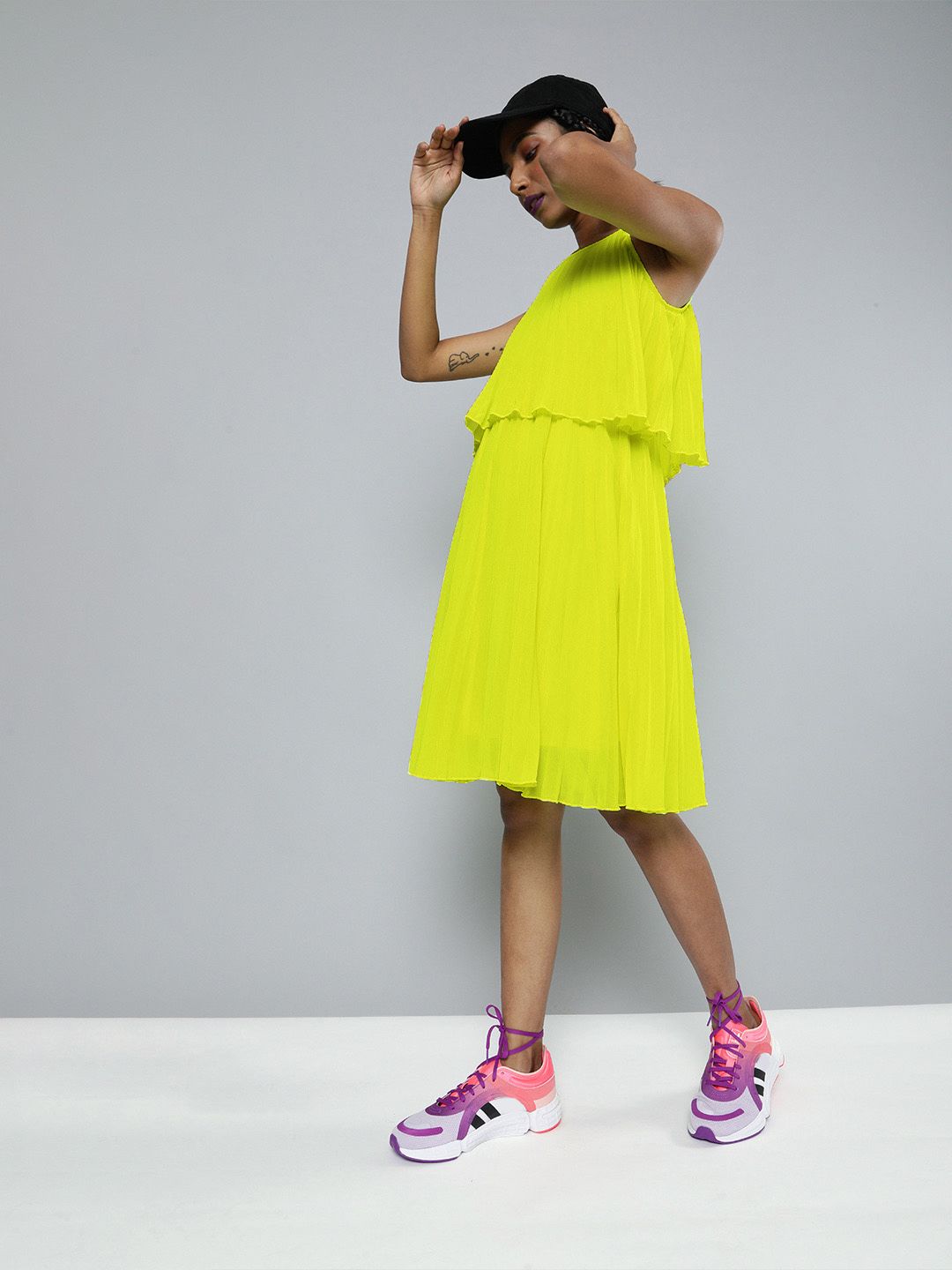 SASSAFRAS Women Fluorescent Green Solid Pleated Layered A-Line Dress Price in India