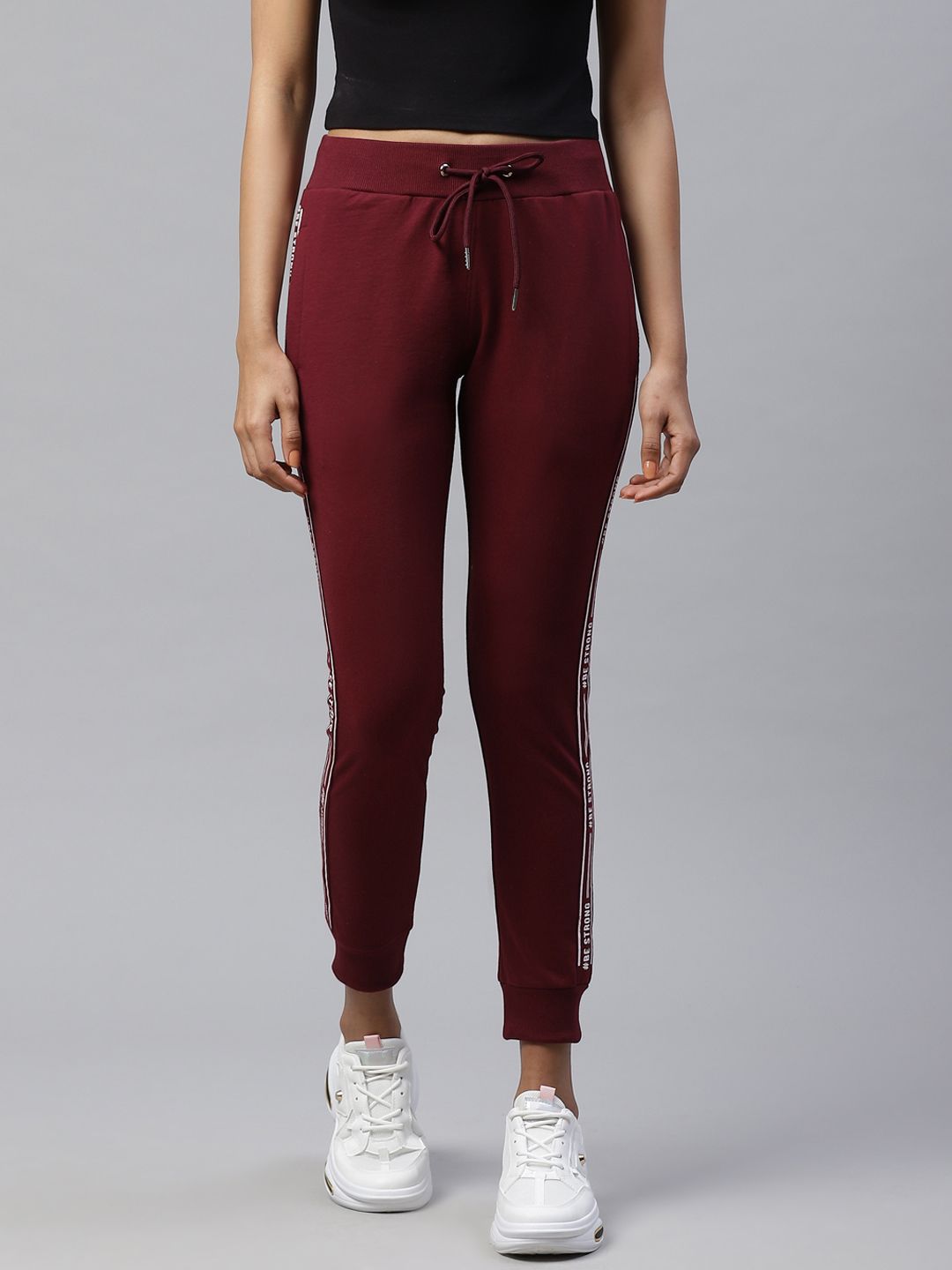 M7 by Metronaut Women Maroon Slim Fit Solid Joggers with Side Print Detail Price in India