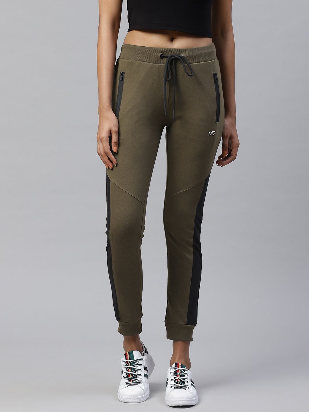 M7 by Metronaut Women Olive Green Slim Fit Solid Joggers with Contrast Taping Detail Price in India