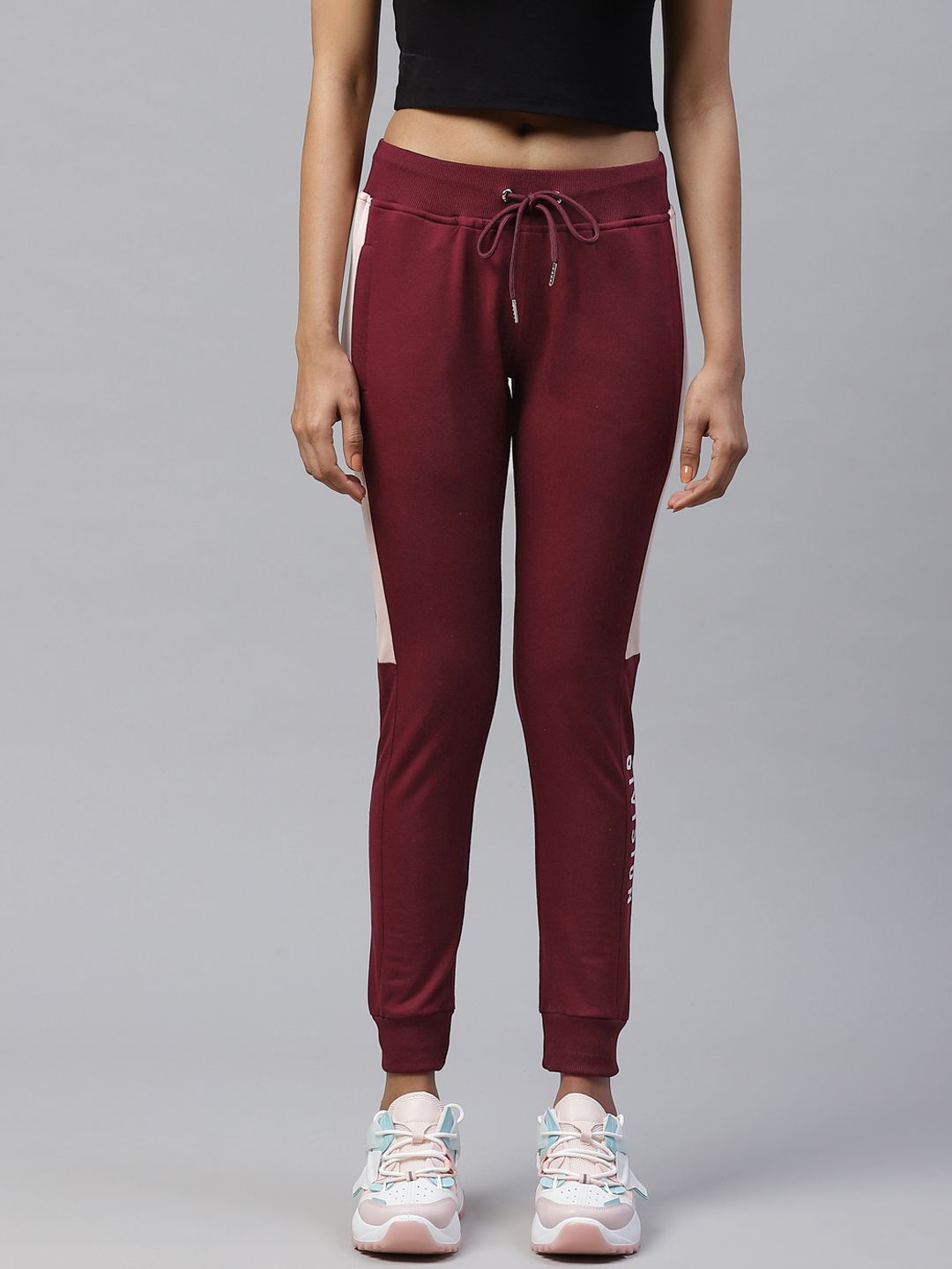 M7 by Metronaut Women Burgundy Slim Fit Solid Joggers with Contrast Taping Detail Price in India