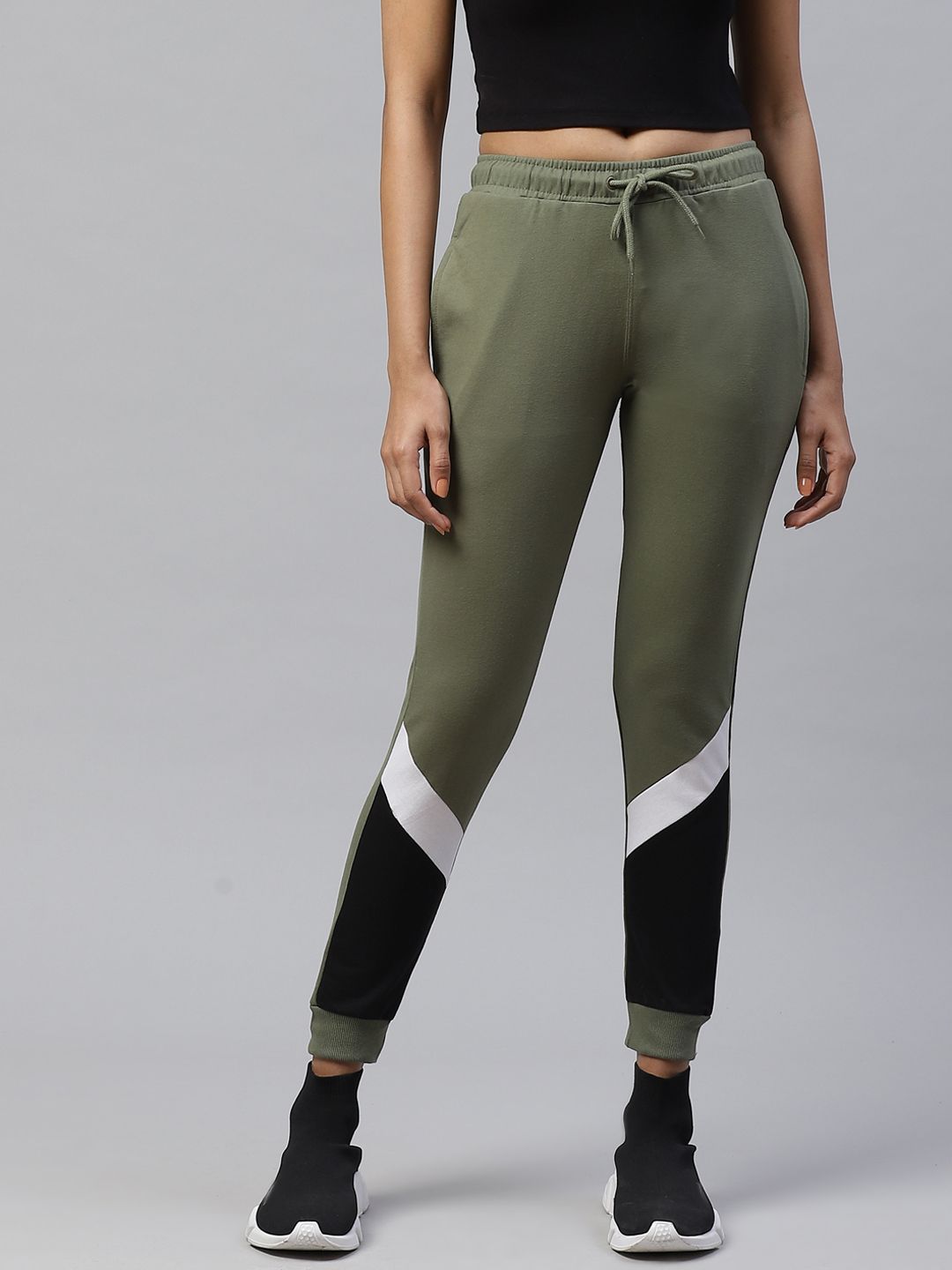 M7 by Metronaut Women Olive Green & Black Colourblocked Slim Fit Joggers Price in India