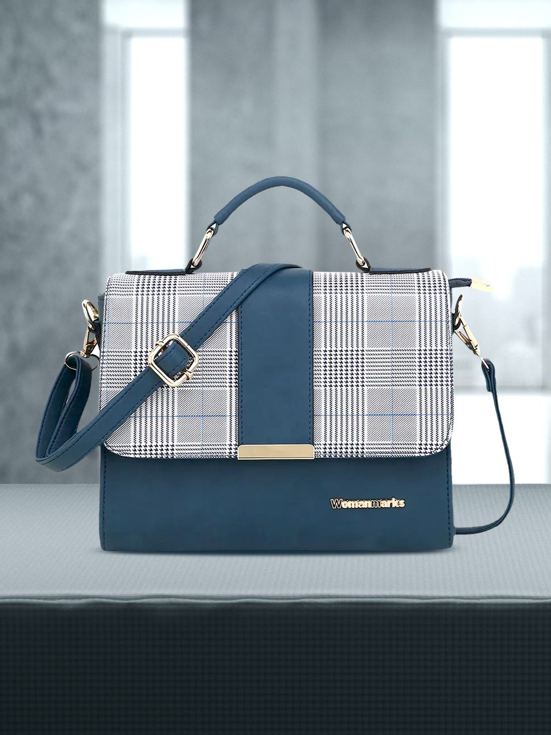 WOMEN MARKS Blue Checked Sling Bag Price in India