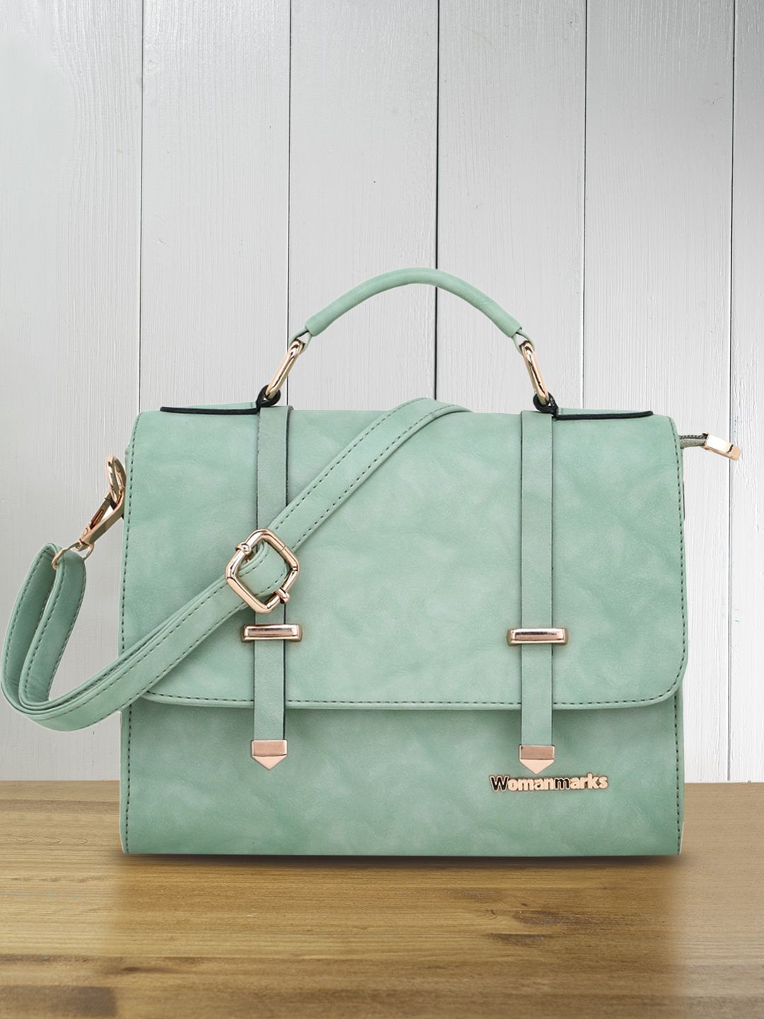 WOMEN MARKS Green Solid Satchel Price in India