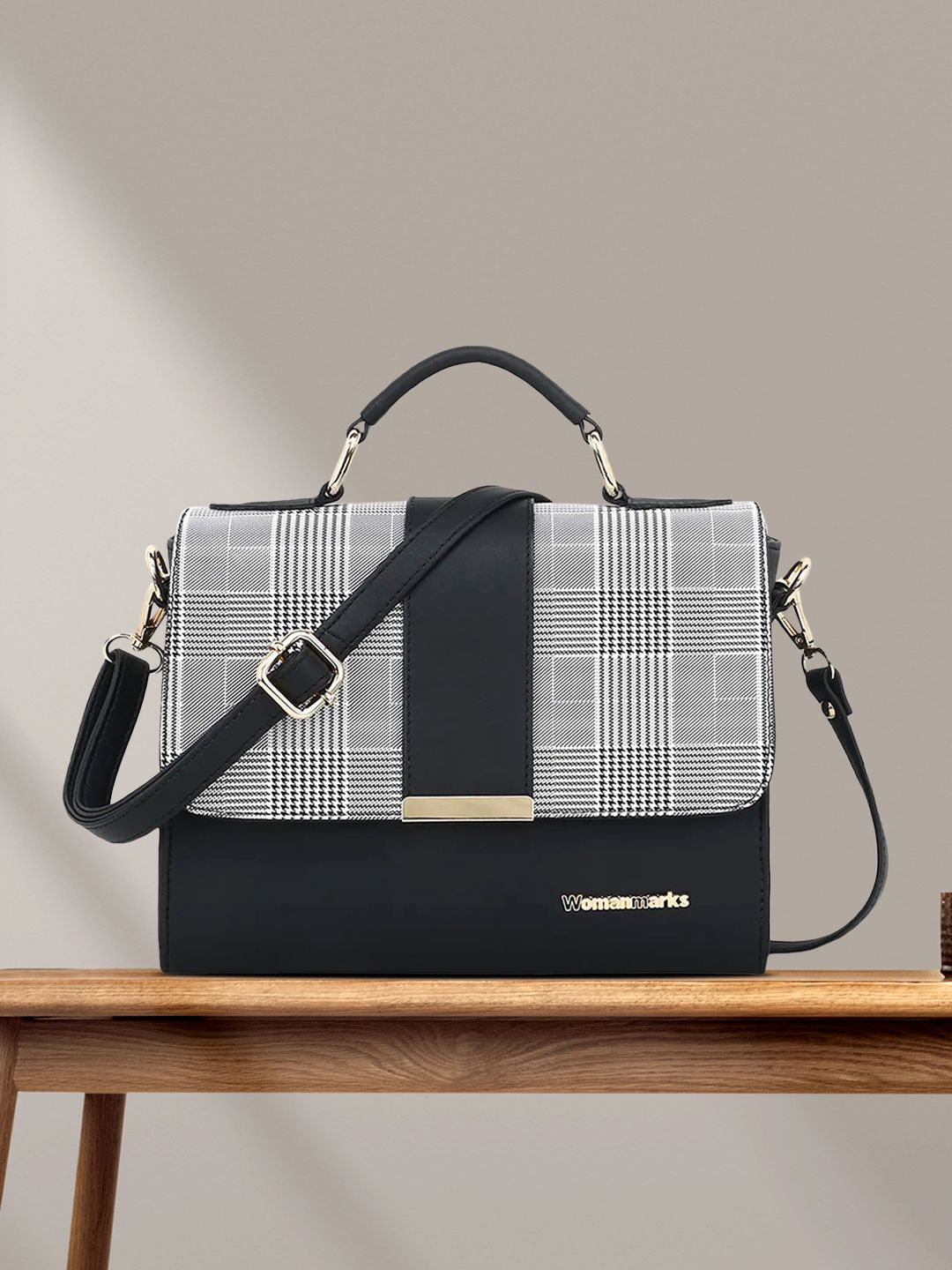 WOMEN MARKS Black & Off-White Checked Satchel Price in India