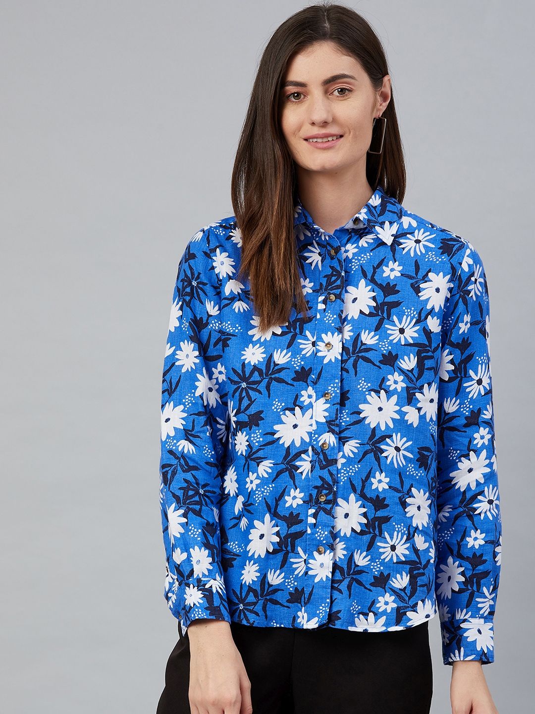 Marks & Spencer Women Blue & White Floral Print Casual Shirt