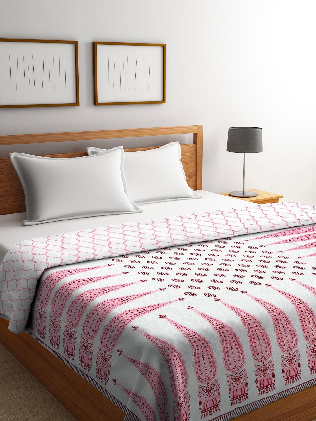 Rajasthan Decor White & Pink Ethnic Motifs AC Room 120 GSM Double Bed Quilt Price in India