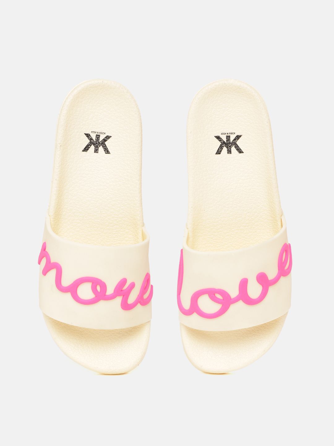 Kook N Keech Women Cream-Coloured & Pink Embossed Print Sliders Price in India