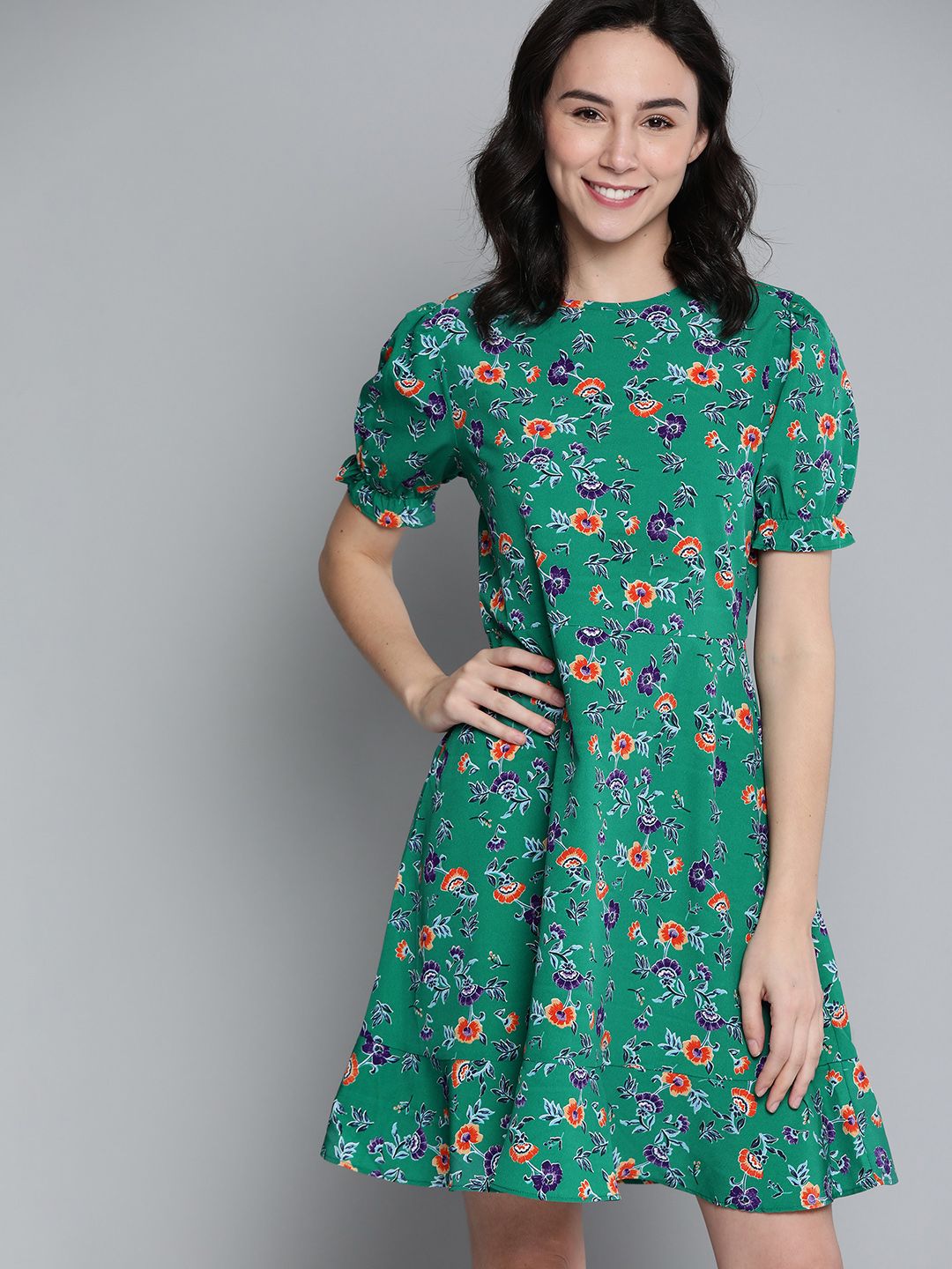 Mast & Harbour Women Green Floral Printed A-Line Dress Price in India