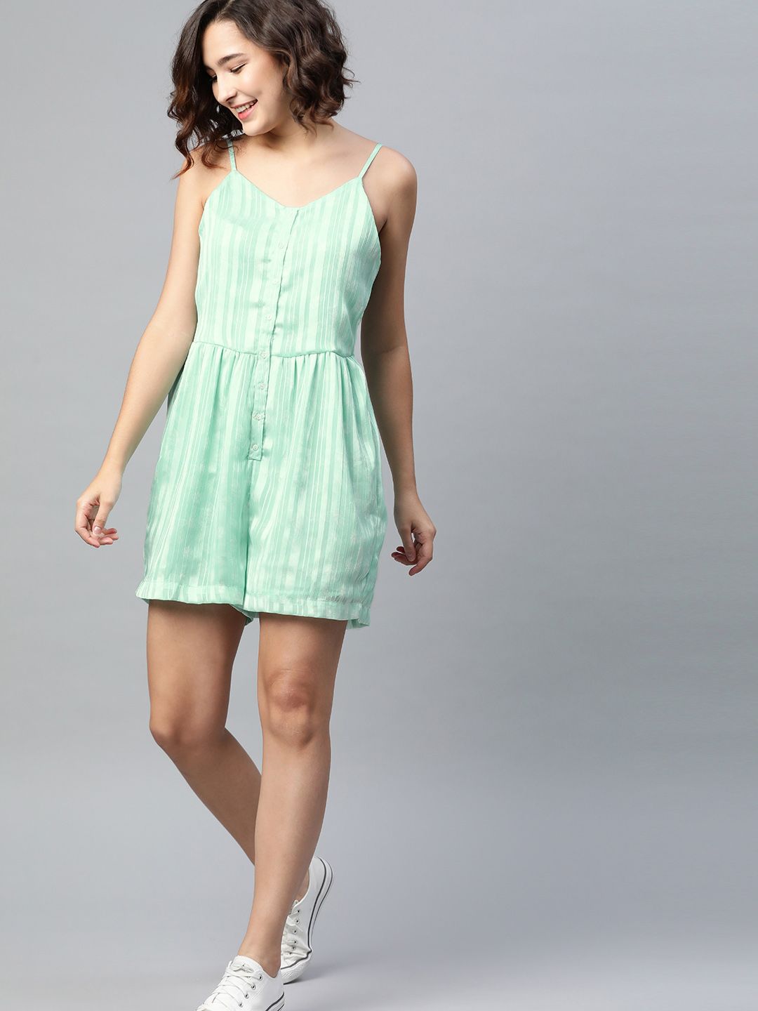 Mast & Harbour Women Sea Green Striped Playsuit Price in India