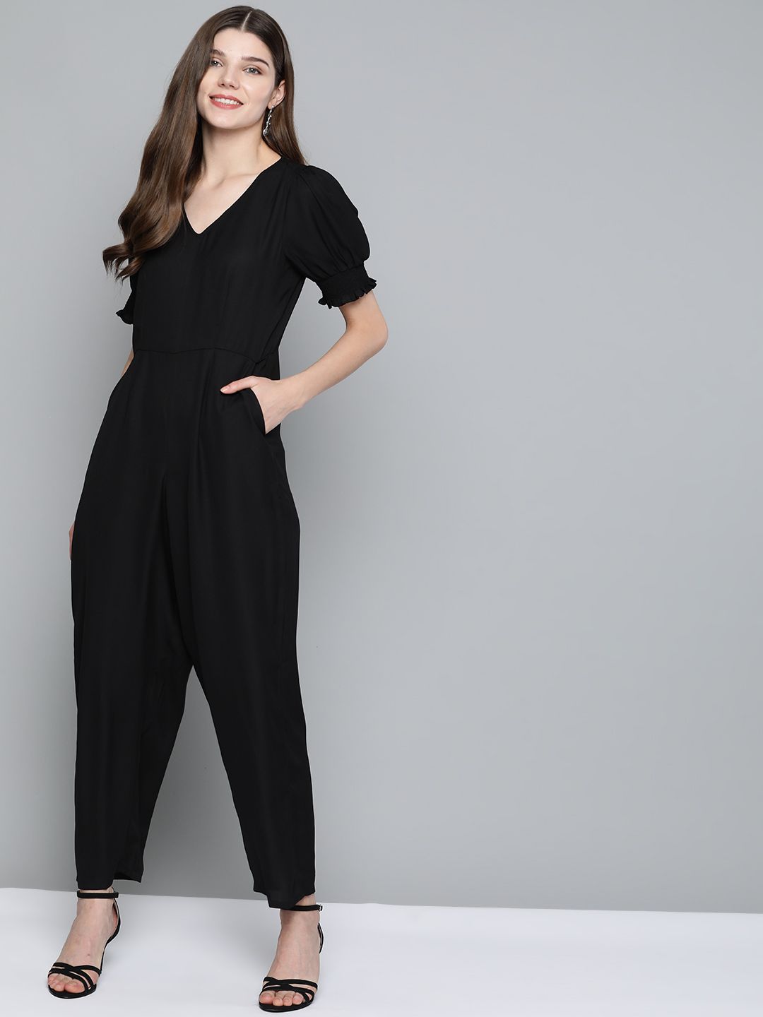 Mast & Harbour Women Black Solid Puff Sleeves Basic Jumpsuit Price in India