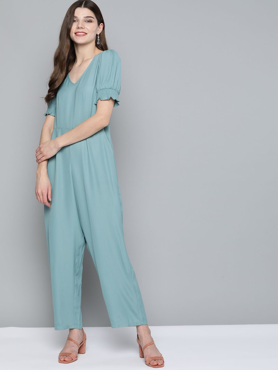 Mast & Harbour Women Blue Puff Sleeves Solid Basic Jumpsuit Price in India
