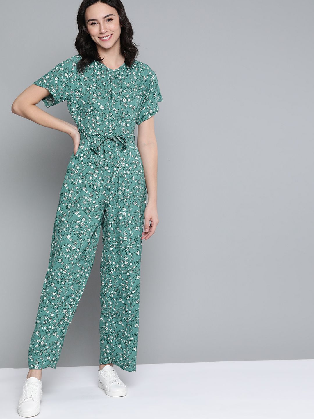 Mast & Harbour Women Green & White Floral Print Basic Jumpsuit & Belt Price in India