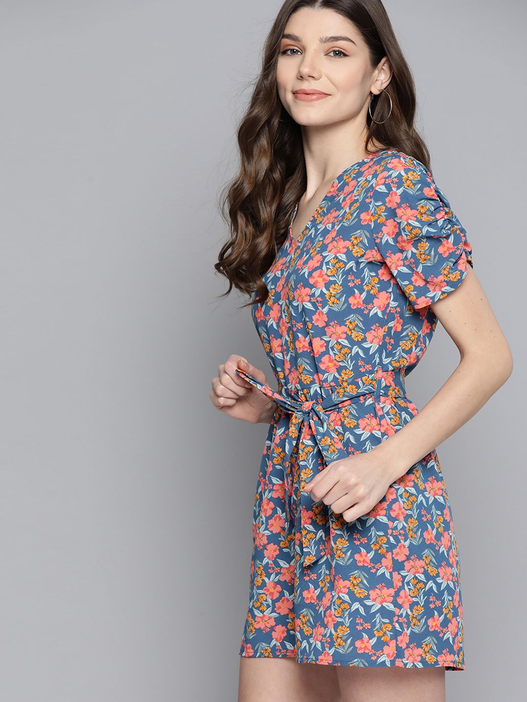 Mast & Harbour Women Blue & Peach-Coloured Floral Print Playsuit Price in India