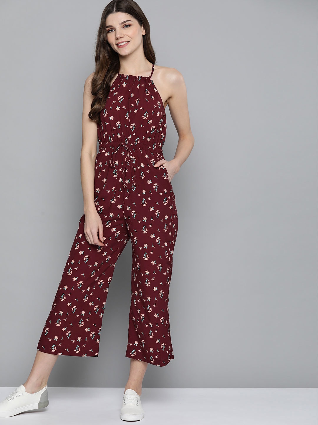 Mast & Harbour Women Burgundy & Peach-Coloured Printed Basic Jumpsuit Price in India