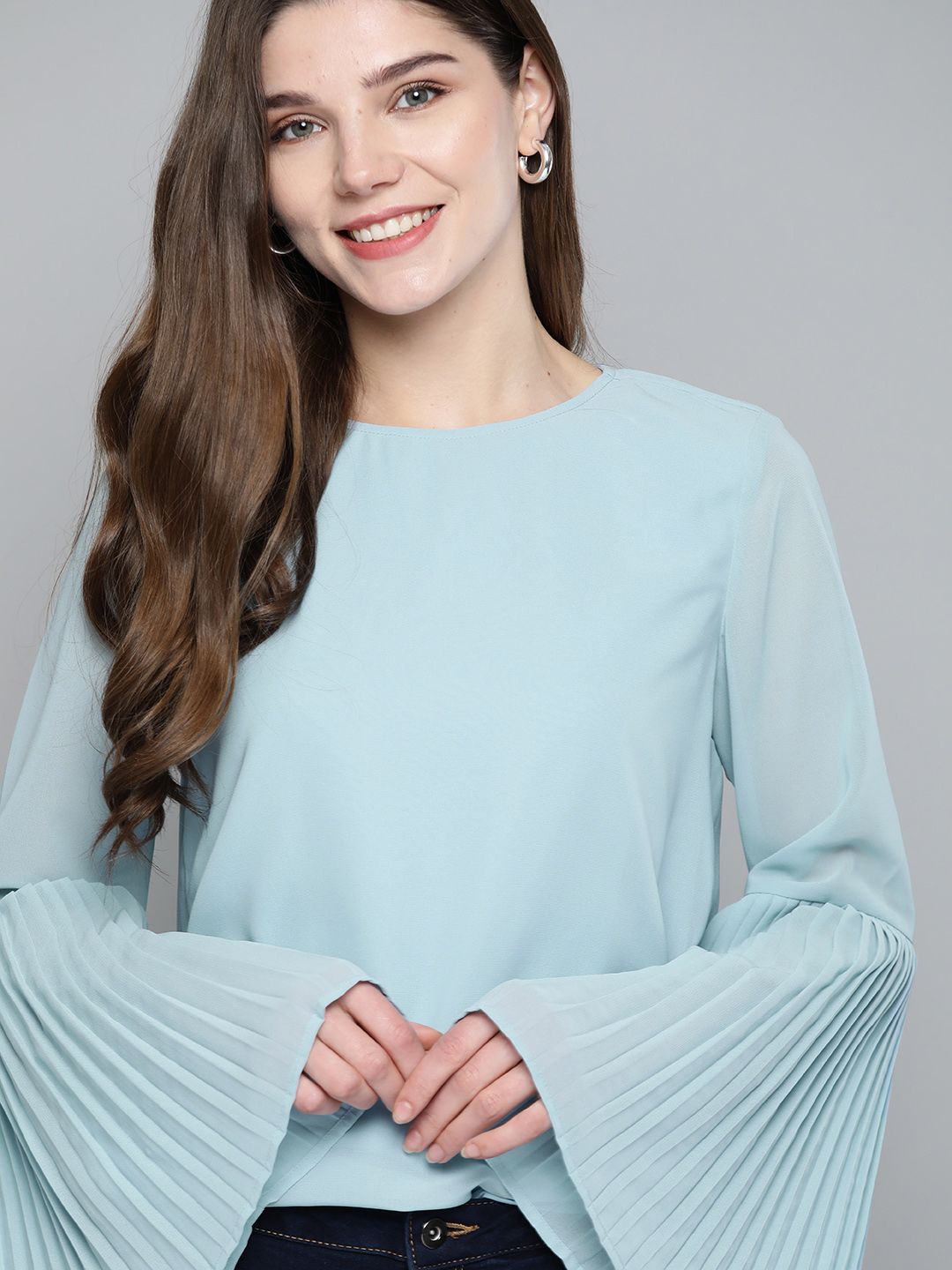 Mast & Harbour Blue Accordion Pleated Bell Sleeves Top