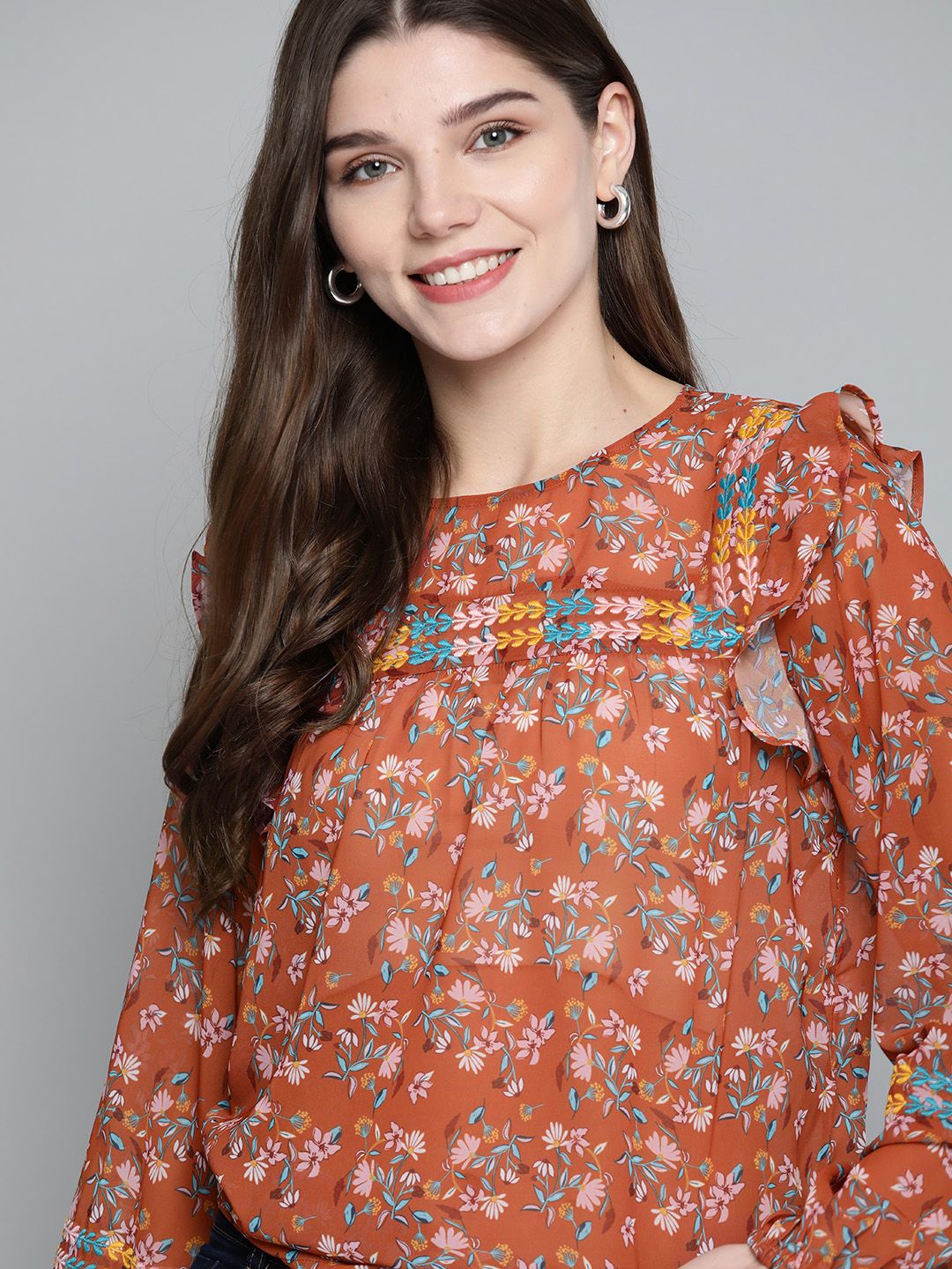 Mast & Harbour Rust Brown & Pink Floral Printed Puff Sleeves Top