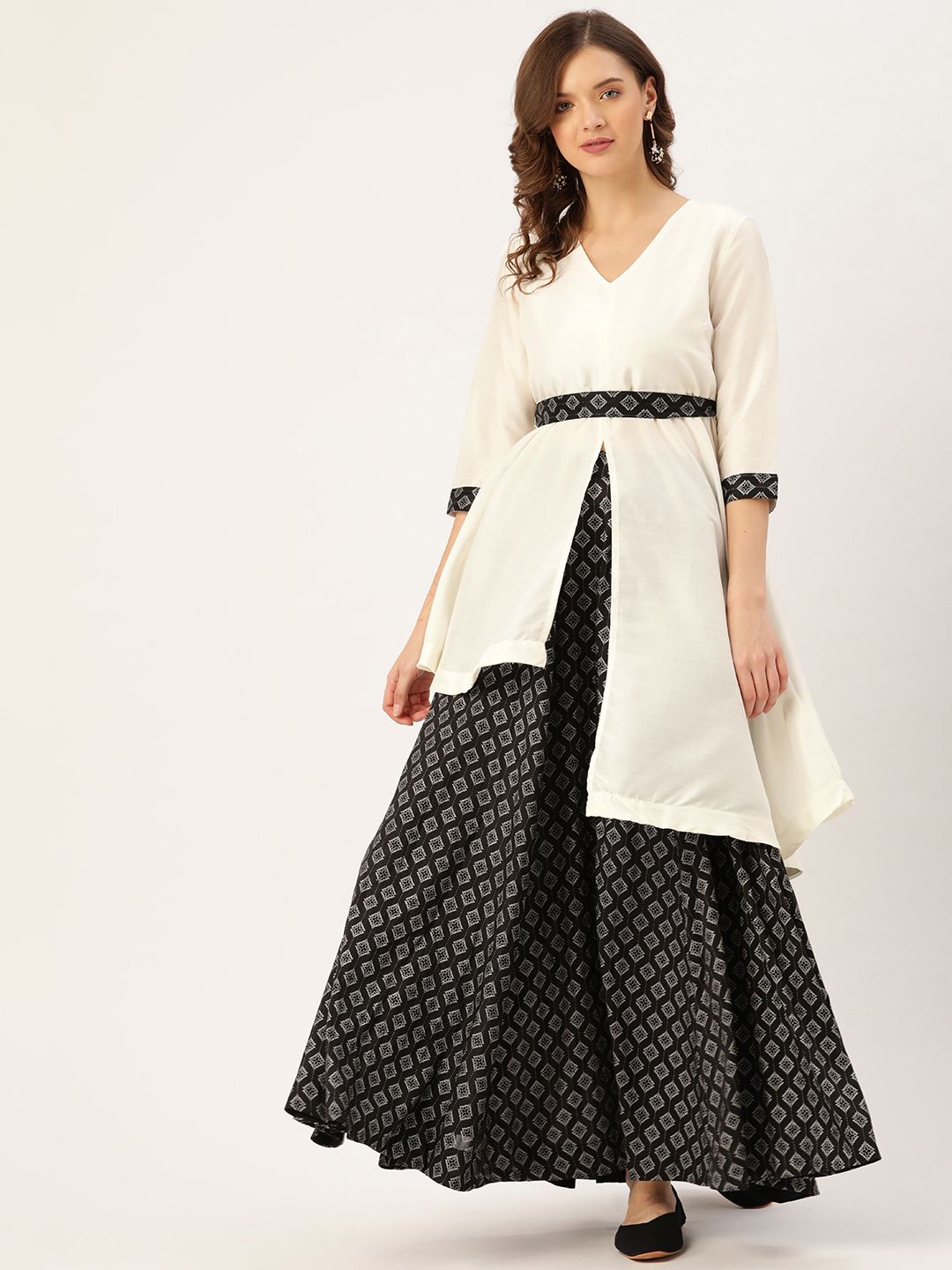 Sangria Off White & Black Ready to Wear Pure Cotton Fusion Lehenga Choli & belt