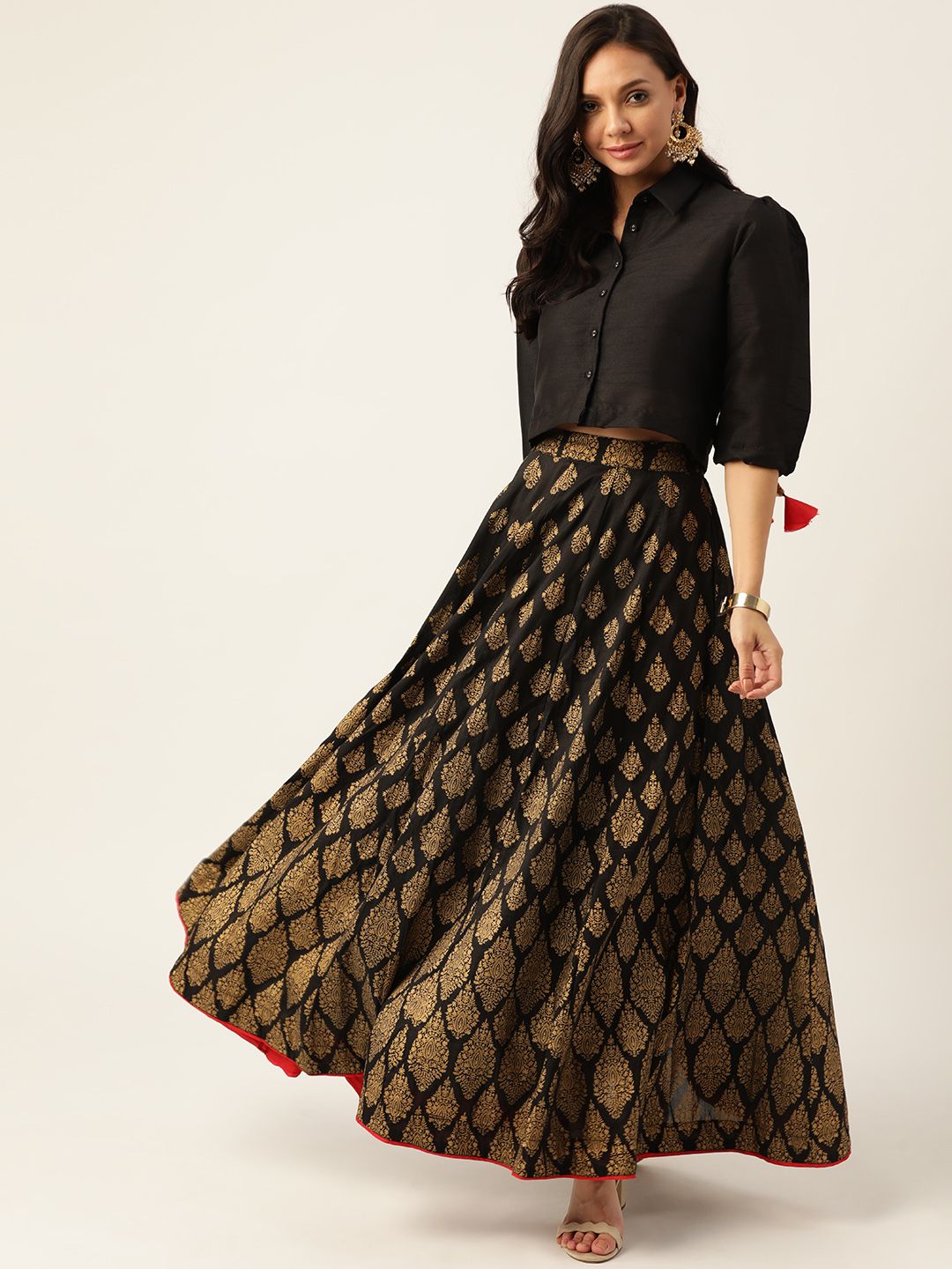 Sangria Black & Golden Semi-Stitched Lehenga & Ready to Wear