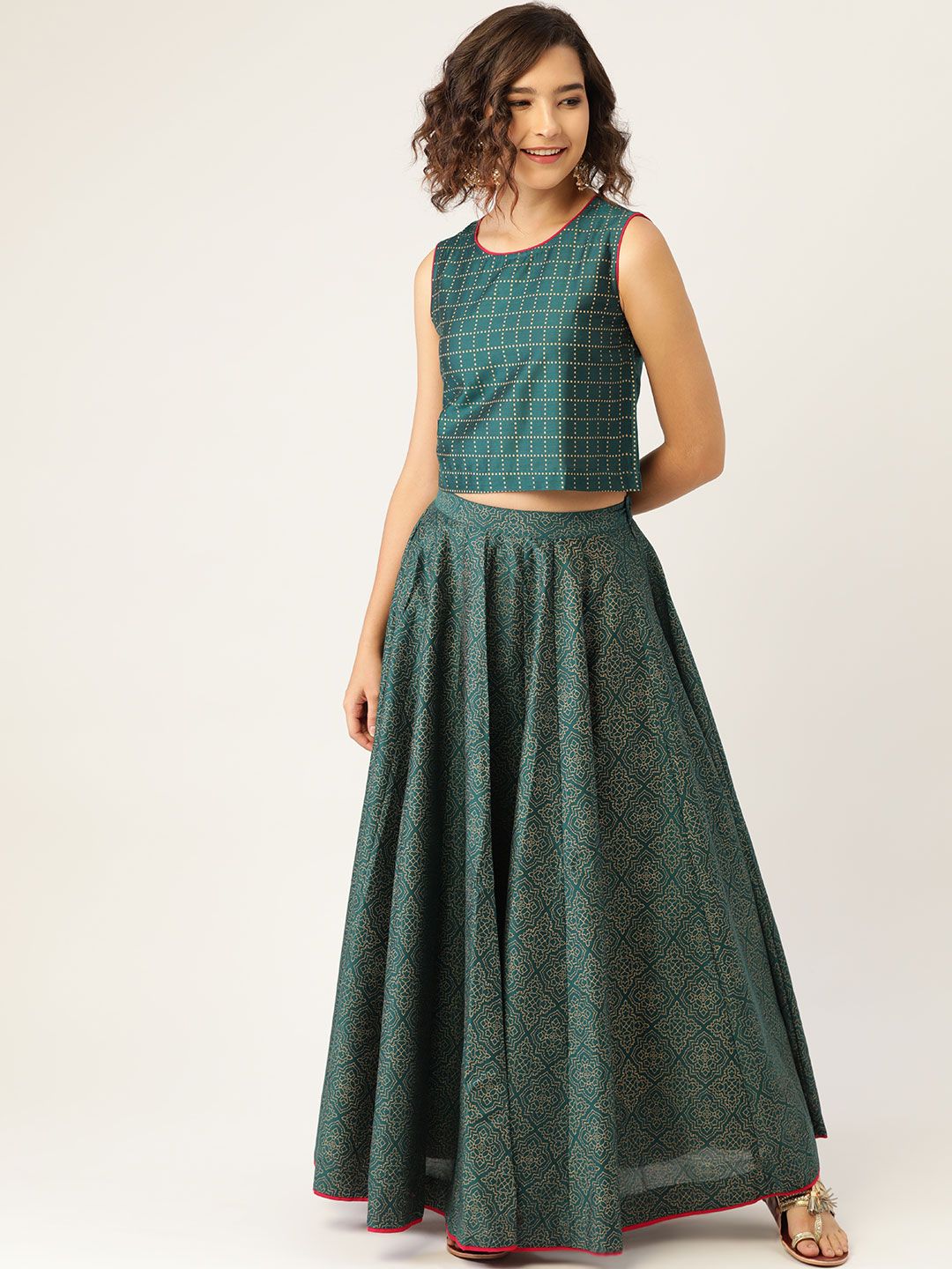Sangria Green Printed Ready to Wear Pure Cotton Fusion Lehenga Choli
