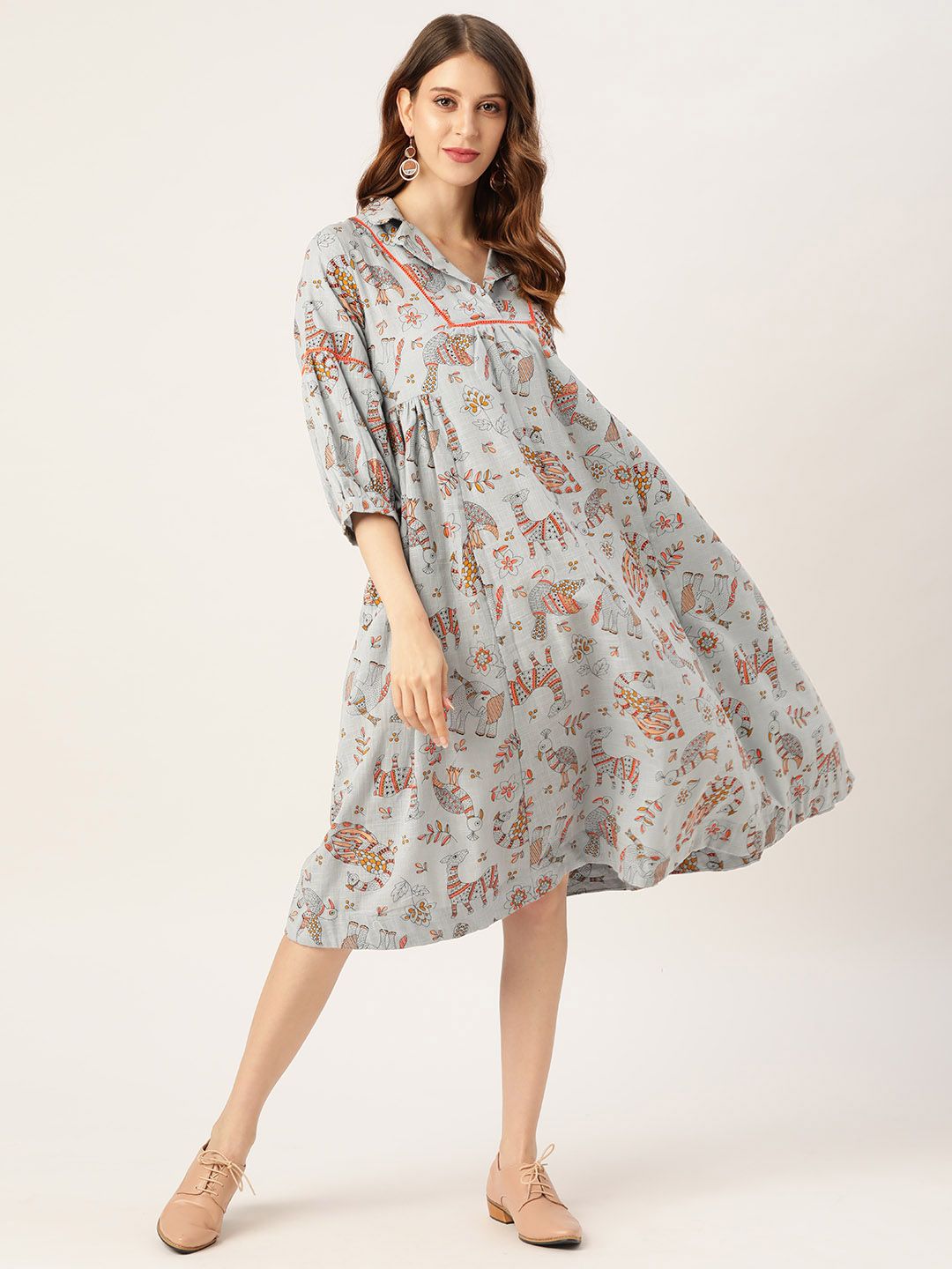 Sangria Grey & Orange Cotton Ethnic Motifs Ethnic A-Line Midi Dress