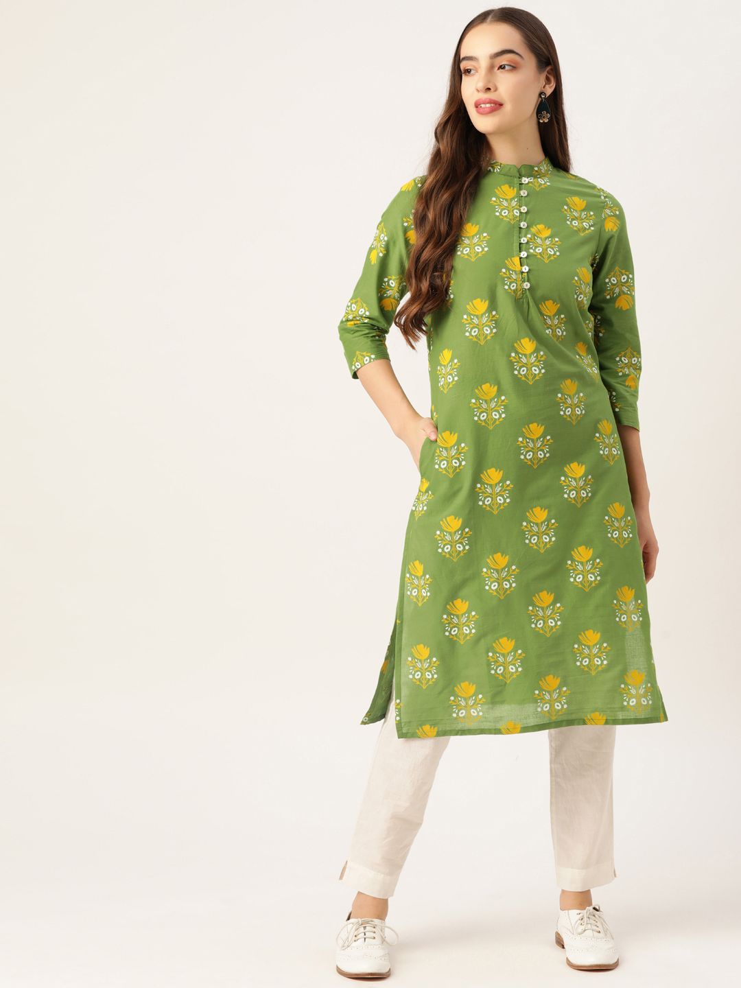 Sangria Women Green & Yellow Pure Cotton Ethnic Motifs Print Kurta