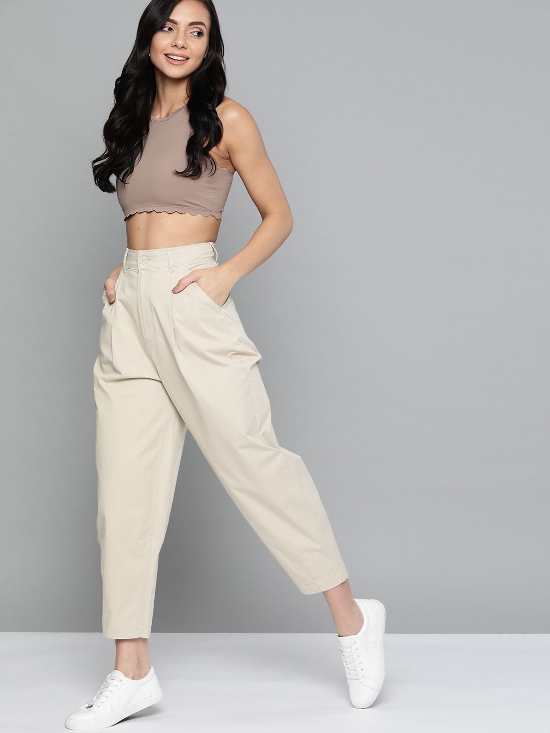 Mast & Harbour Women Beige High-Rise Pleated Trousers Price in India