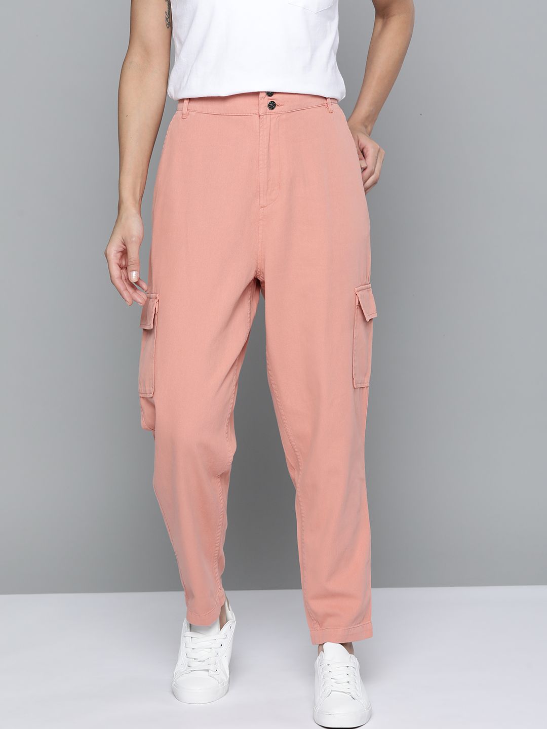 Mast & Harbour Women Peach-Coloured High-Rise Cotton Cargo Trousers Price in India