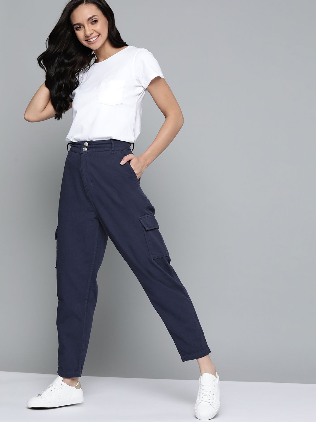 Mast & Harbour Women Navy Blue High-Rise Cotton Cargo Trousers Price in India