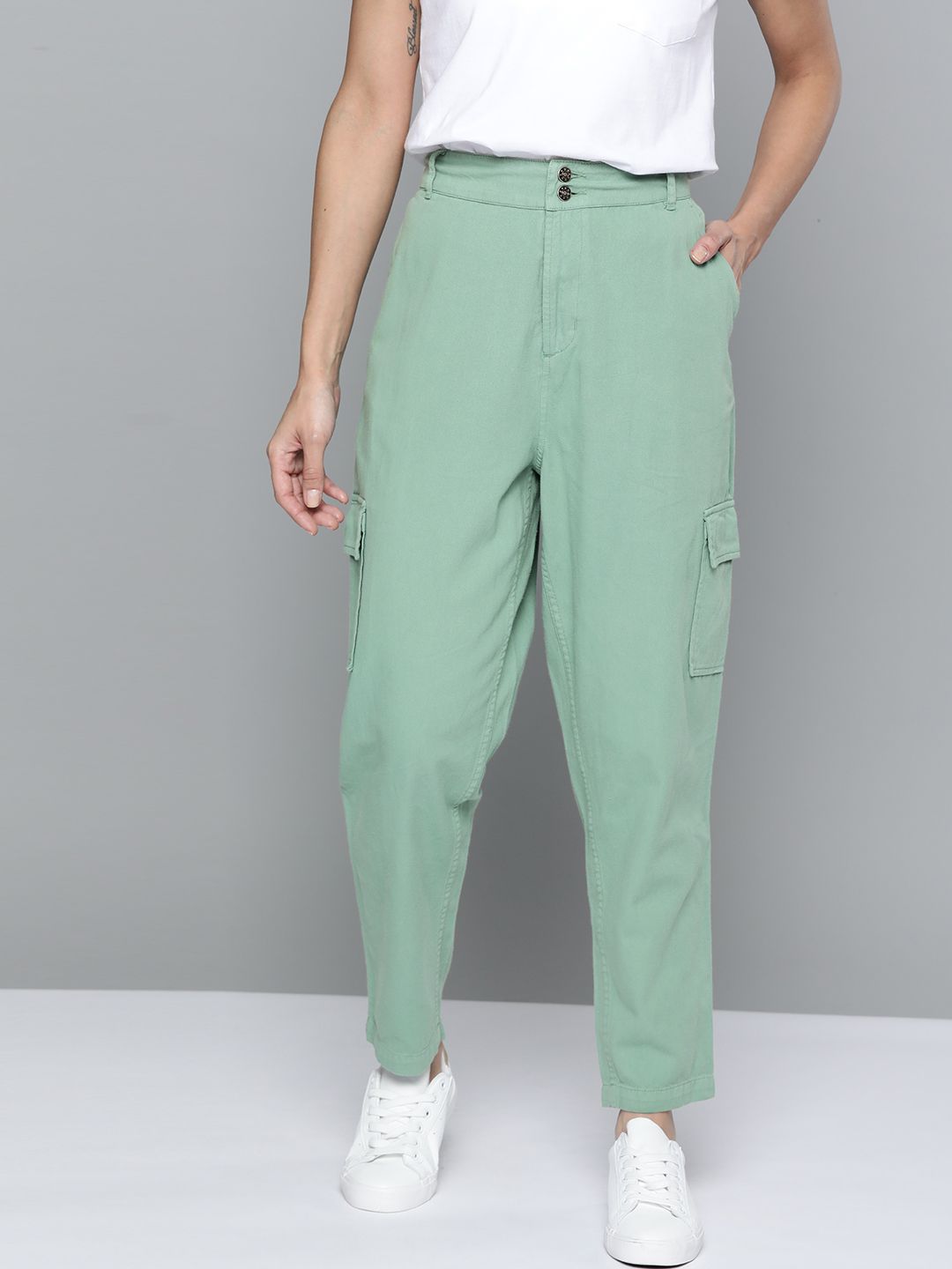 Mast & Harbour Women Green High-Rise Cotton Cargo Trousers Price in India