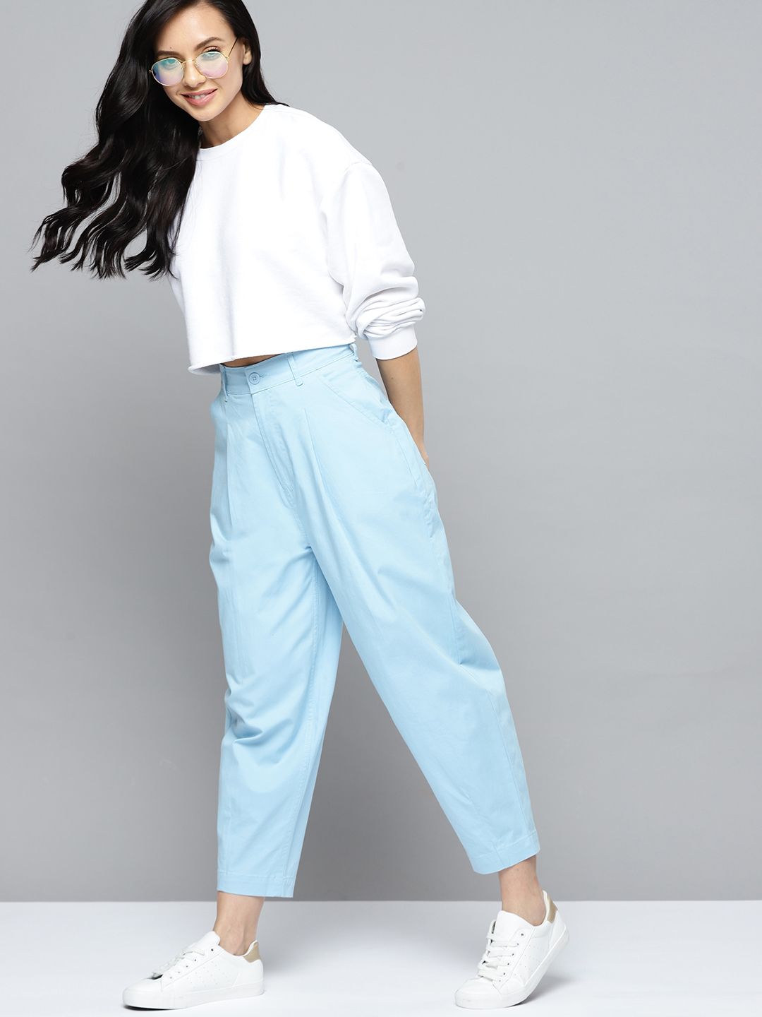 Mast & Harbour Women Blue High-Rise Pleated Cropped Trousers Price in India