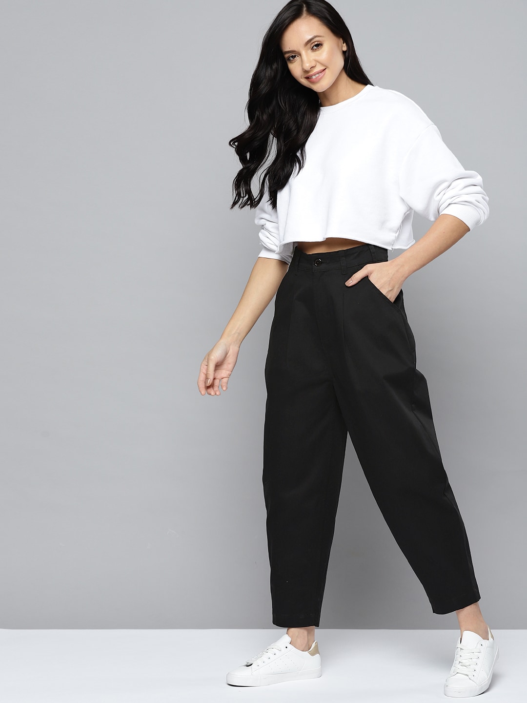 Mast & Harbour Women Black High-Rise Pleated Cropped Trousers Price in India