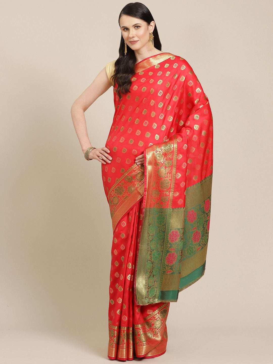 SHOPGARB Red & Gold-Toned Woven Design Banarasi Saree