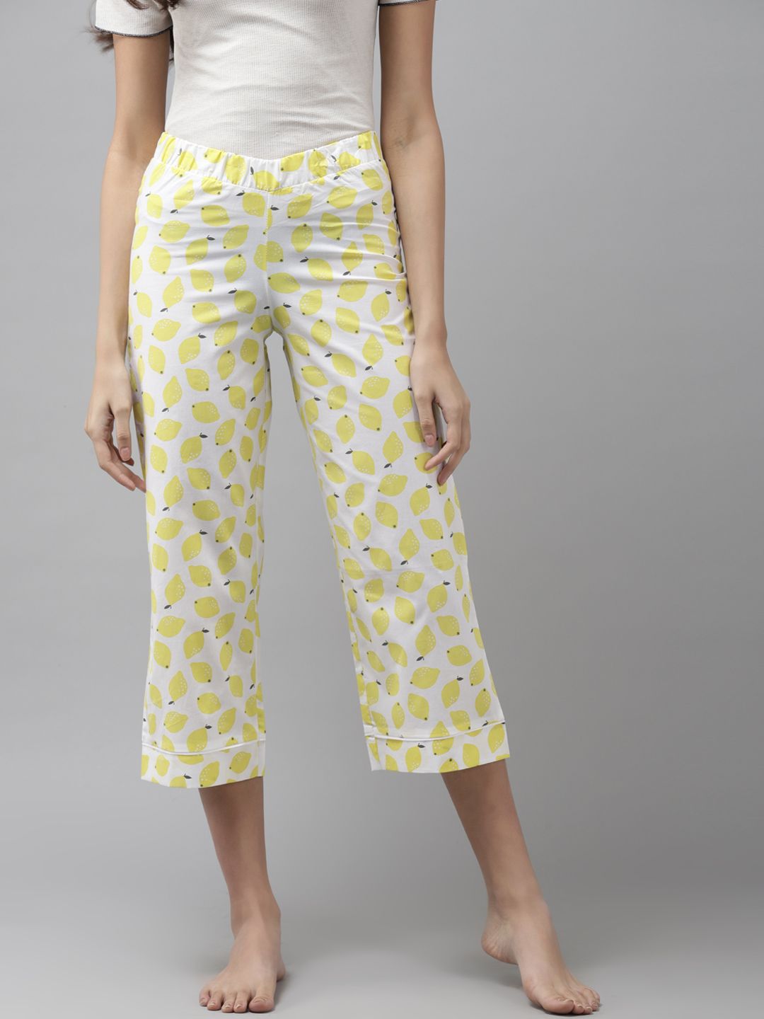 Cayman Women White & Yellow Lemon Print Pure Cotton Lounge Pants Price in India