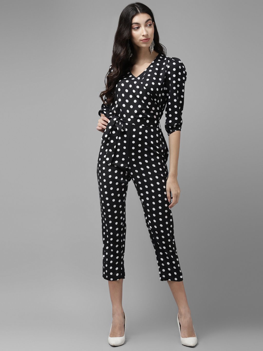Cayman Women Black & White Polka Dot Print Cropped Basic Jumpsuit With Belt Price in India