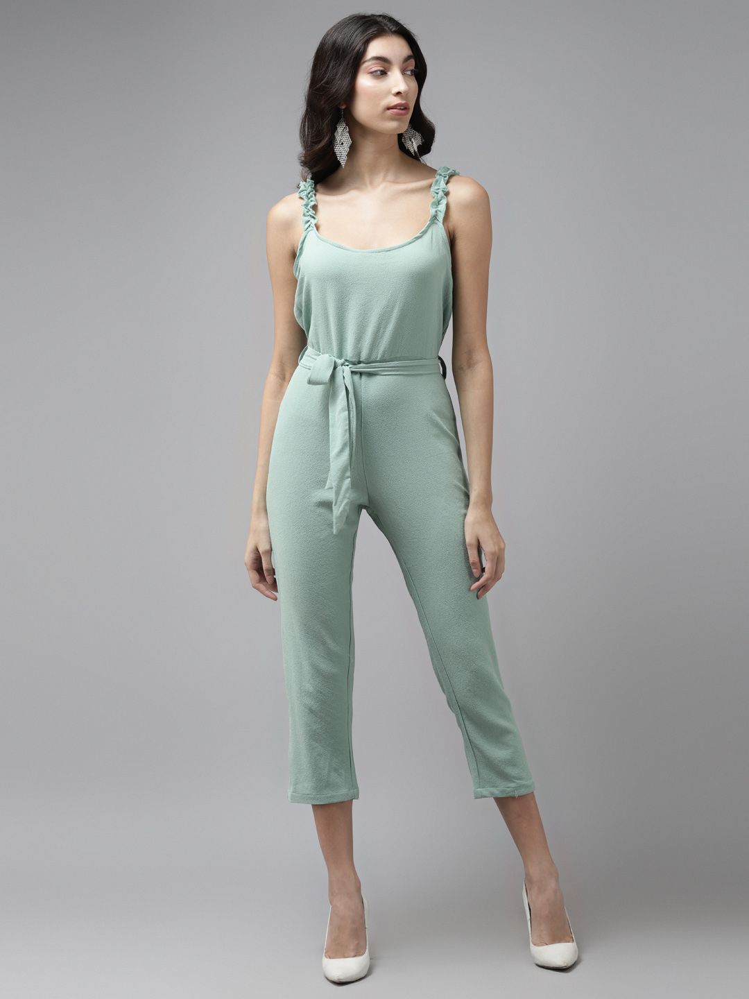 Cayman Women Sea Green Solid Cropped Basic Jumpsuit With Belt Price in India