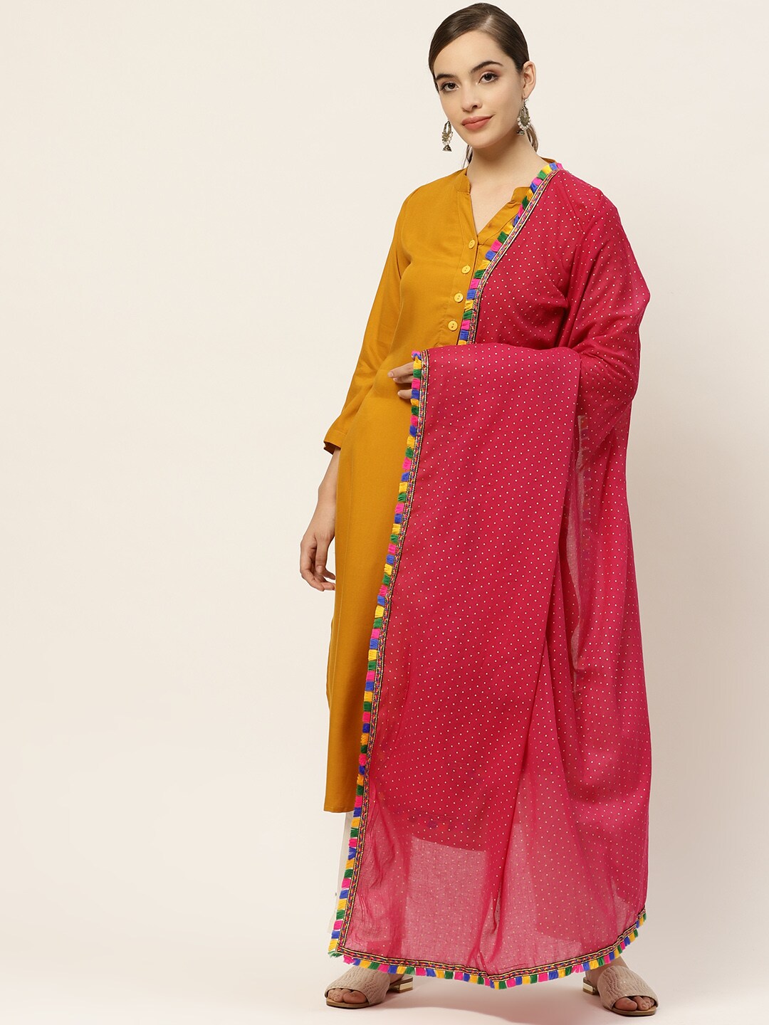 Sangria Pink & Golden Printed Pure Cotton Dupatta Price in India