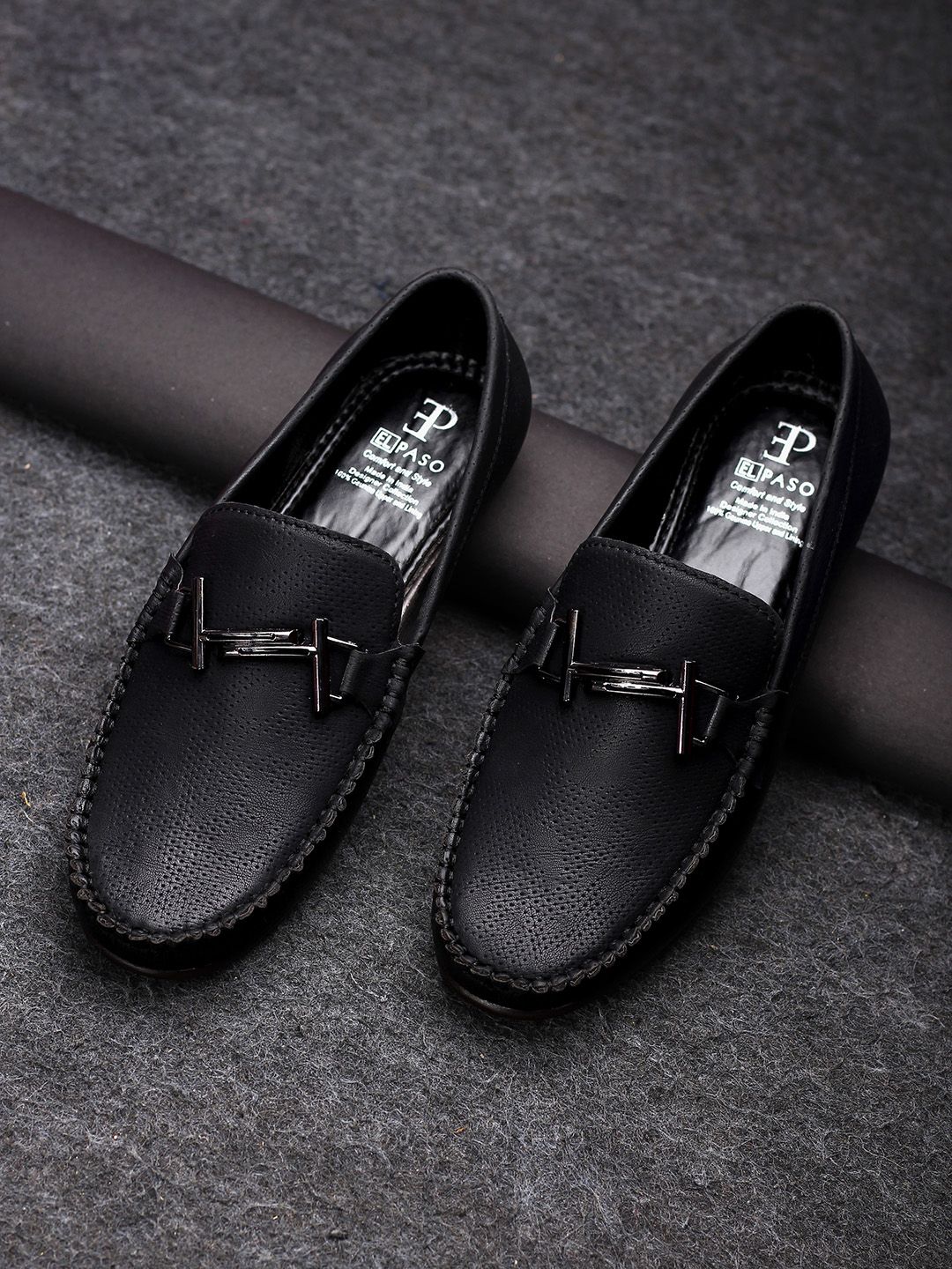 El Paso Men Black Textured Penny Loafers